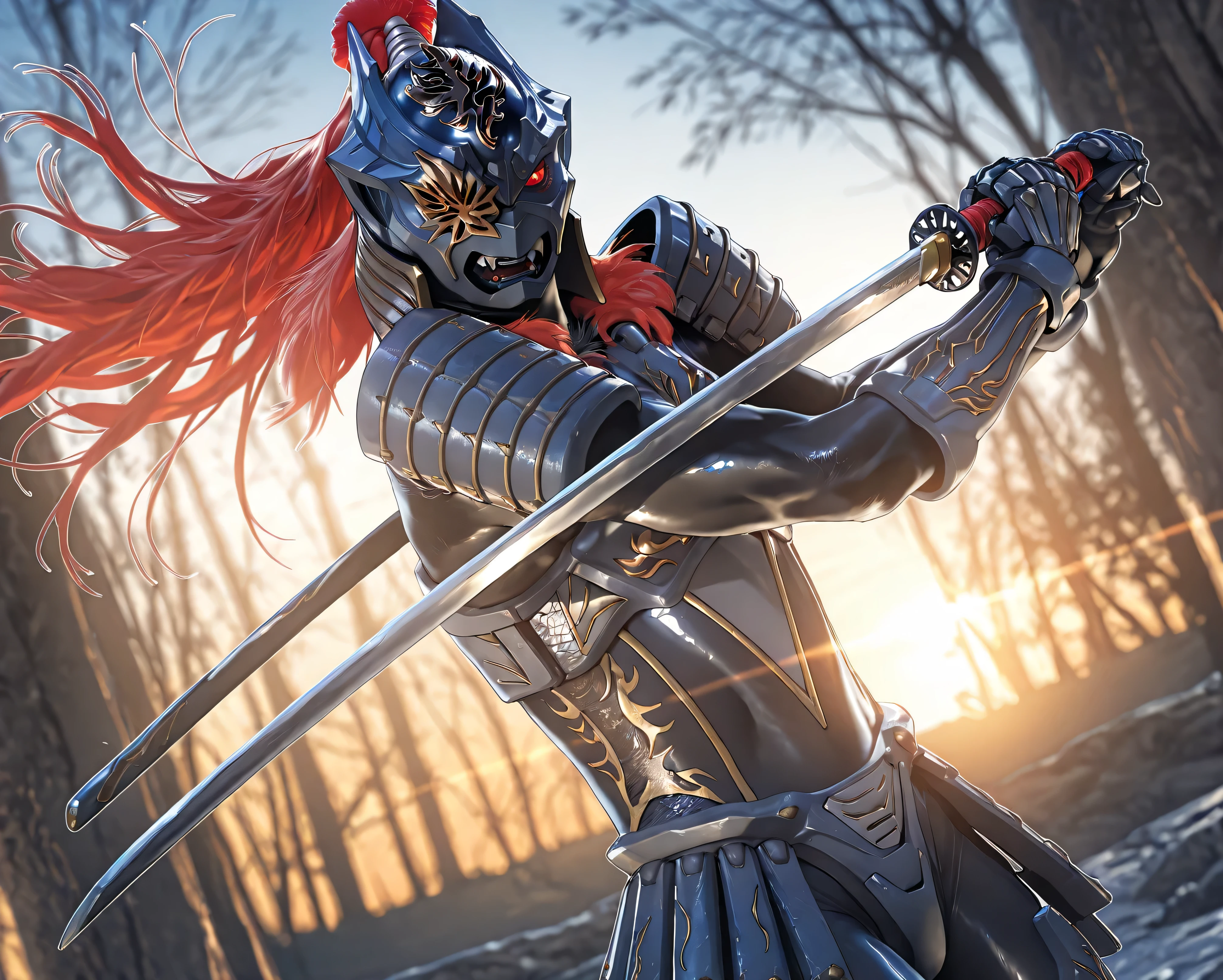masterpiece, best quality, official art, detailed, realistic, game cg, ultra-detailed, beautiful detailed eyes, very aesthetic, solo, furry male, shiny skin, (Zamushar), red hair, (pitch black body), white pupils, fangs, uneven eyes, (one-eyed:1.2), chest armor, (waist armor:1.2), Gauntlets, (muscular), leg guard, detailed armor, sword guard stance, sword, weapon, solo, katana, holding, holding weapon, holding sword, looking at viewer, high collar, cowboy shot, dynamic pose, vibrant colors, floating hair, (five fingers), BREAK, (dutch angle), (blurry background), dynamic lighting, rim lighting, dawn,