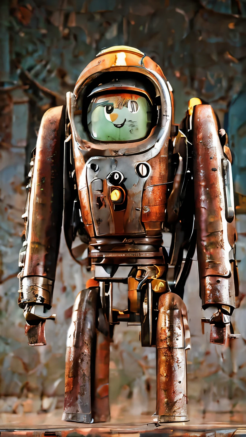 Create a unique and visually captivating artwork of a cute steampunk-style robot. The robot is assembled from recycled parts, with a creative and non-humanoid design. It features a dominant orange color palette with weathered, rusty metal effects, giving it a vintage and retro feel. The robot has an adorable expression, such as big eyes or friendly facial features, and a charming, quirky posture. The background is an old steampunk workshop filled with intricate details like turning gears, steaming pipes, and warm light from copper lamps. The overall atmosphere should be whimsical, lively, and full of character, making it a standout piece of art. steampunk robot, cute, assembled from recycled parts, rusty metal, orange color palette, vintage workshop, intricate details, whimsical, lively, 4k, highly detailed, cinematic lighting.