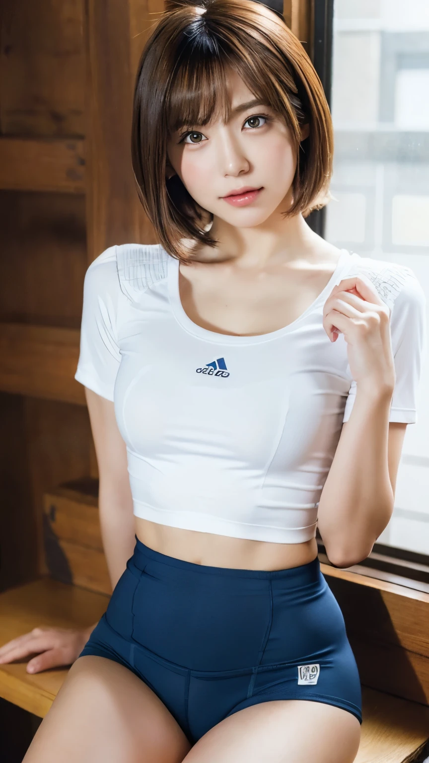 Spread legs, Shoot from below, pussy line, Cameltoe, Looking at the camera, sexy marathon uniform, A slender, Kissing face, idolface, Neat face, Blur the background, bob cuts, Colossal tits, 14years,  Lori, A smile, ​masterpiece, top-quality, Raw photo, Photorealsitic, beautiful a girl, cute little, shorth hair, depth of fields, hight resolution, ultra-detailliert, finely detail, ighly detailed, extremely detailed eye and face, Sharp pupils, Cinematic lighting