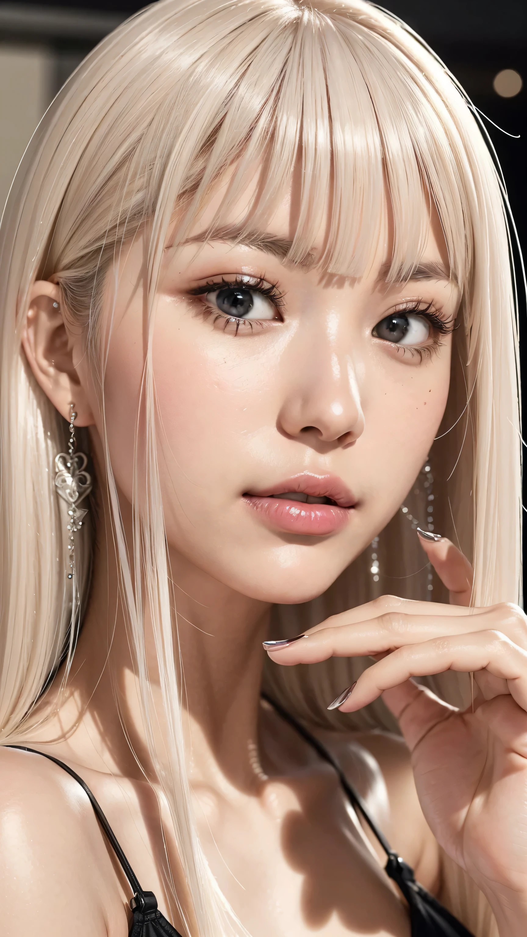 face、very clear skin、A beautiful woman staring at me、Our eyes meet、platinum straight hair
