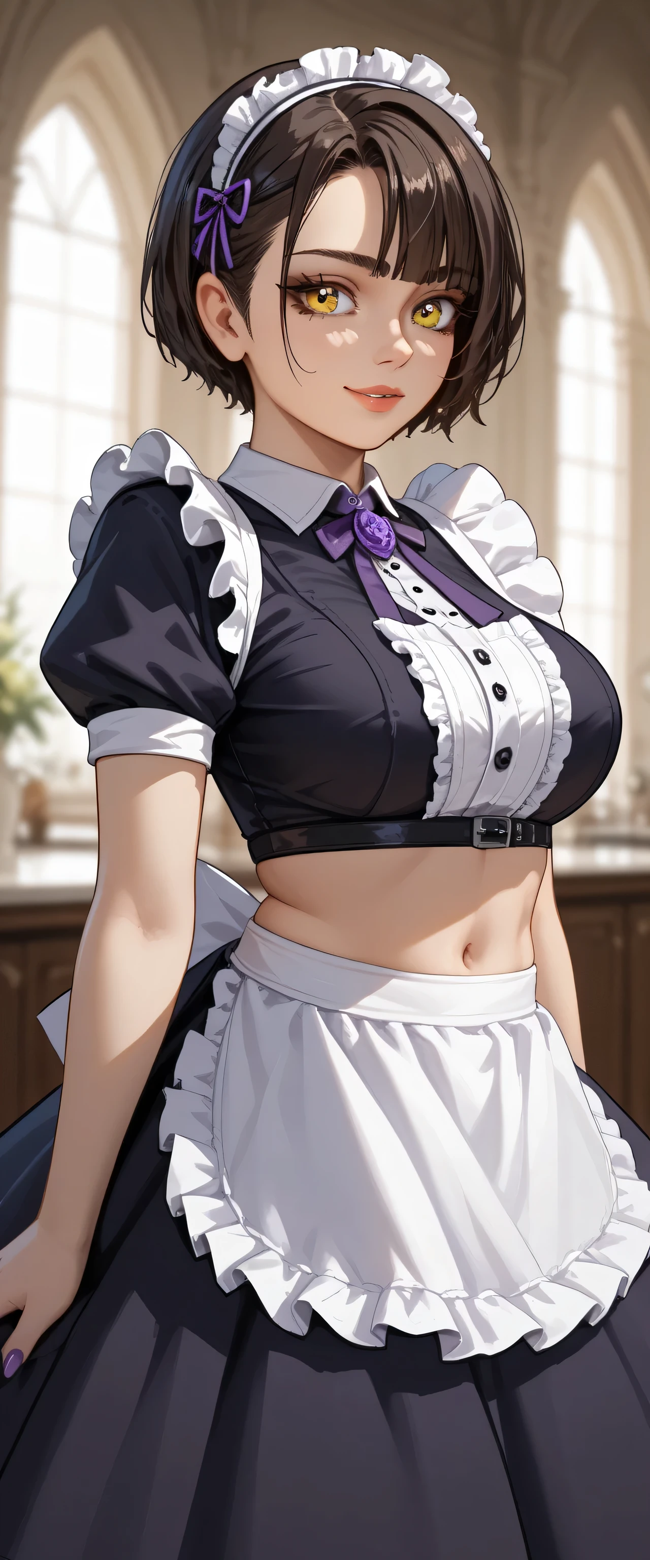 A happy maid woman beautiful beautiful big breast sexy attractive big dark brown hair disheveled cut her yellow eye long black eyelash dresses purple maid top shows her navel and dresses metallic purple maid skirt