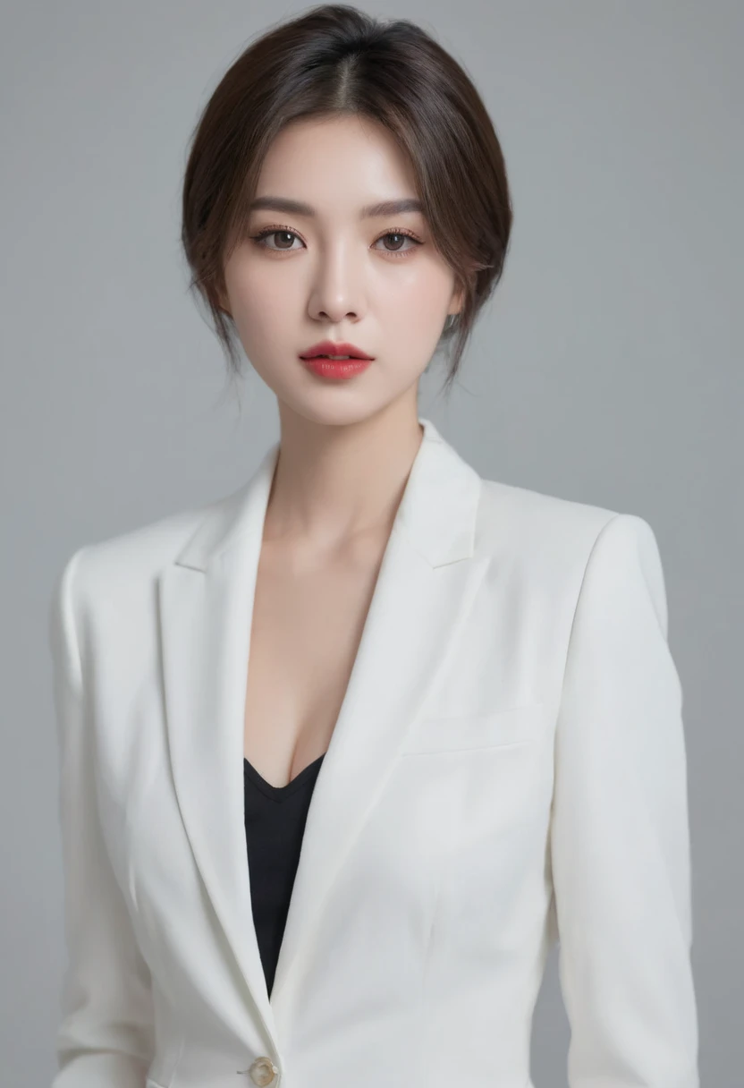 Close-up photo of a woman in a suit,Plain white background,Sit at the table,Customer service image,Bust photo,The character faces the camera,30 age old,Yang Mi,Lin Xinru,Wang Xinling,Charmaine She,Lin Yuna,fanbingbing
