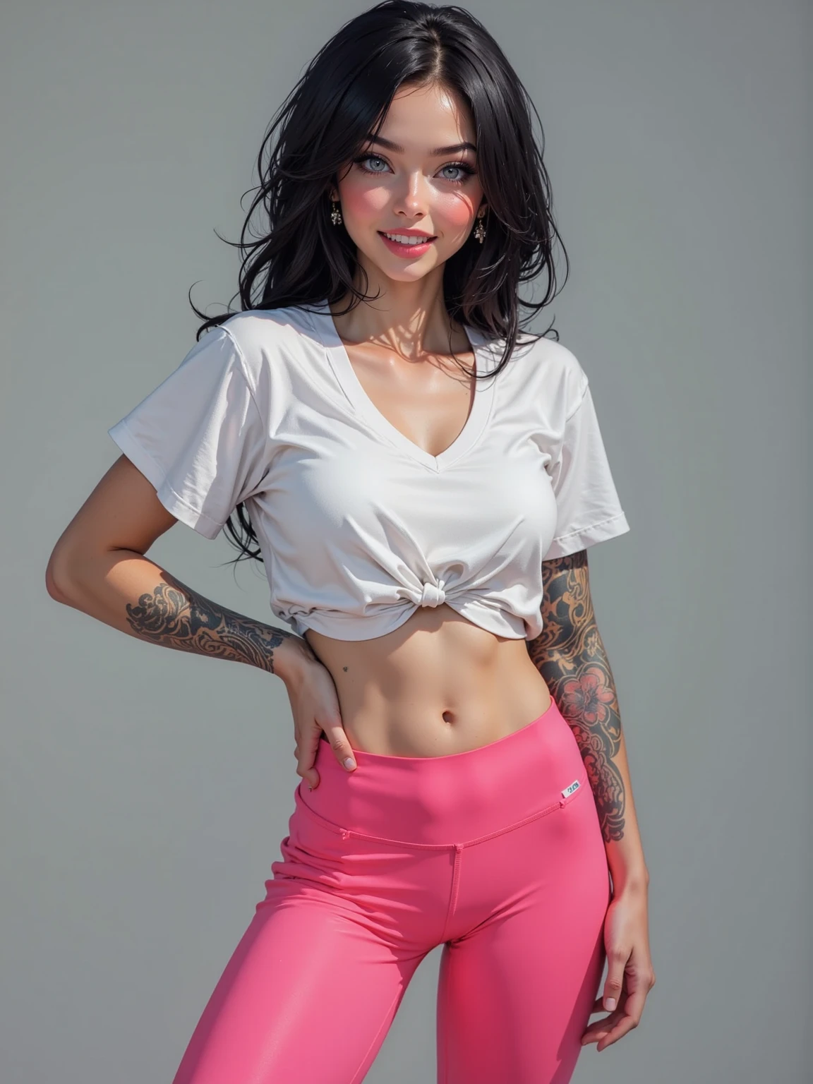 (YES NSFW), gorgeous cute Austrian WOMAN, smiling, (crop top), Steel gray hair loose braided hair, comics printed shirt, oversized jogger pants, lean against the wall, backstreet, (graffiti on the wall), hip-hop, smiling, hands in pockets, perfectly symmetrical face, detailed skin, vivid colours, HDR, hard shadows, art photography, soft focus, masterpiece, breathtaking, atmospheric perspective, diffusion, pore correlation, skin imperfections, 80mm Sigma f2, depth of field, intricate natural lighting 