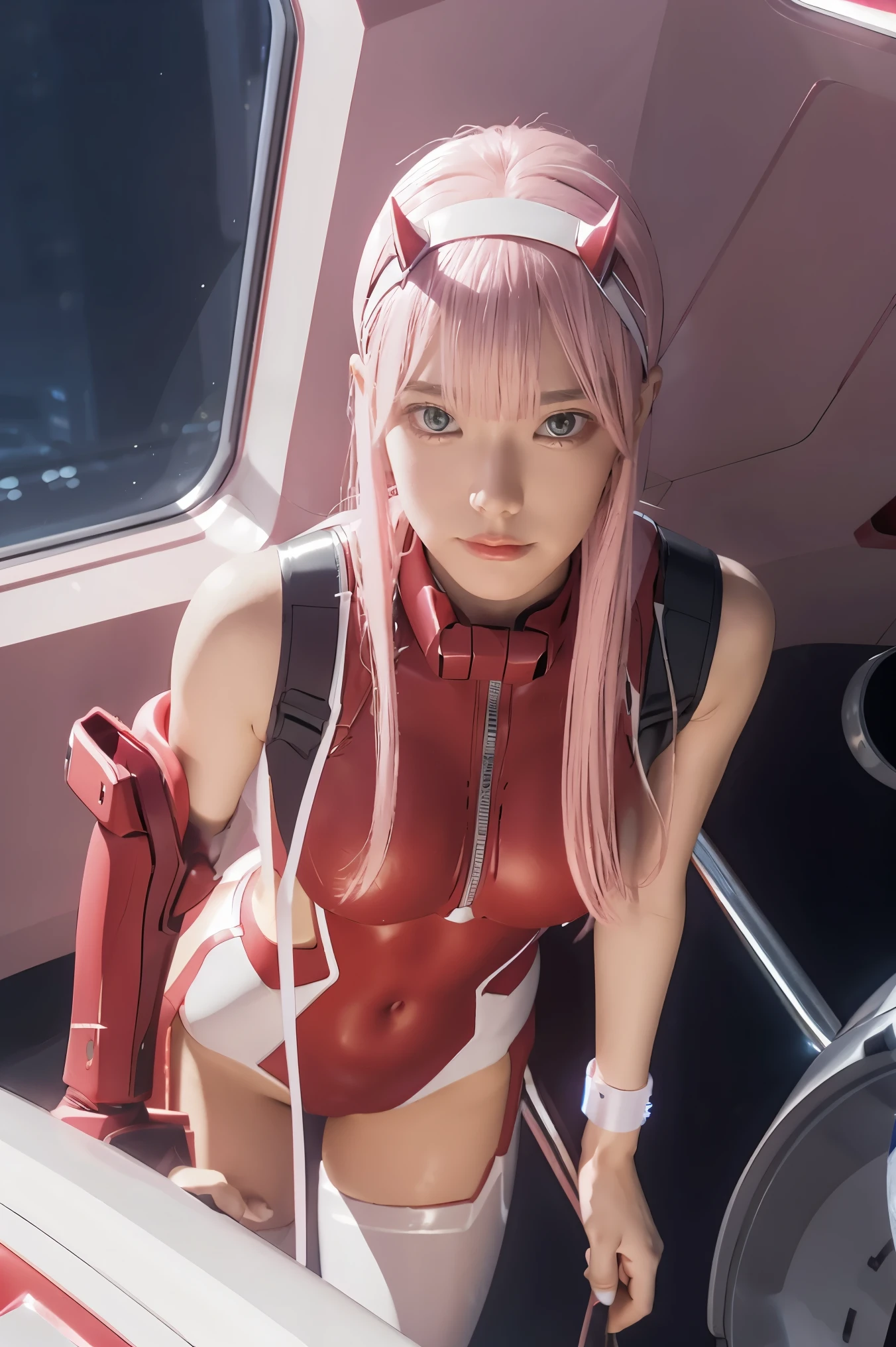 (Overhead view),dynamic angle,ultra-detailed, illustration, straight on, 1girl, ((Zero two, interface headband with a pair of horns, red bodysuit:1.4, pink hair)), Her eyes shone like dreamy stars,(glowing eyes:1.233),(beautiful and detailed eyes:1.1),(expressionless, closed mouth),(standing), (mechanic room with tools and spaceship window in a white SPACESHIP), (night:1.2), dreamy, [[delicate fingers and hands:0.55]::0.85],(detail fingers), smirk,