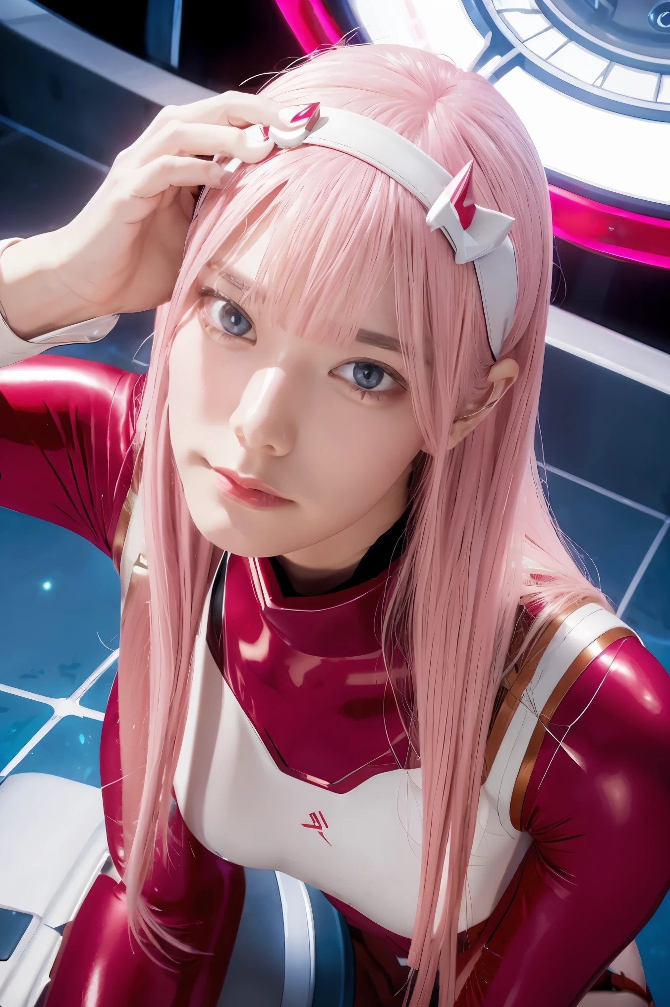 (Overhead view),dynamic angle,ultra-detailed, illustration, straight on, 1girl, ((Zero two, interface headband with a pair of horns, red bodysuit:1.4, pink hair)), Her eyes shone like dreamy stars,(glowing eyes:1.233),(beautiful and detailed eyes:1.1),(expressionless, closed mouth),(standing), (mechanic room with tools and spaceship window in a white SPACESHIP), (night:1.2), dreamy, [[delicate fingers and hands:0.55]::0.85],(detail fingers), smirk,