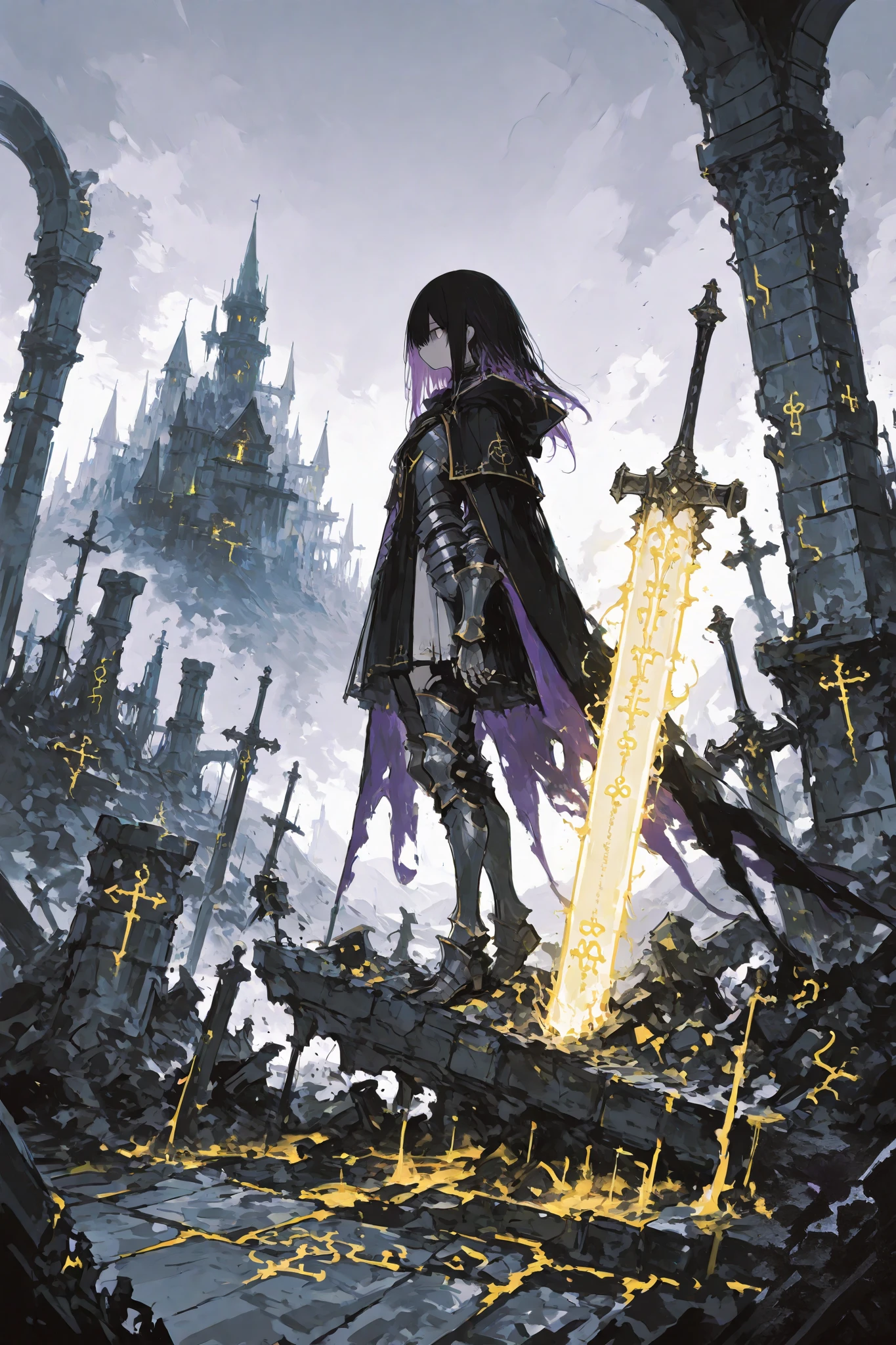 illustration, best quality, dramatic lighting,r17329_illu,usnr,masterpiece, best quality, ultra-detailed, full body wide shot of two female knights standing in the middle of a mystical, destroyed kingdom, the first knight on the left has short purple hair and is wearing dark enchanted armor with a flowing cape, her hand rests on her chest as she looks ahead with determination, the second knight on the right has long black hair and wields a magical greatsword glowing with golden energy, her armor is sleek and intricately designed with yellow runes, they stand amidst the ruins of a once-great castle, broken stone walls and fallen pillars surrounding them, the sky is overcast with swirling clouds, and the landscape is filled with mystical energy, the light from the enchanted sword casts glowing shadows, creating an eerie and magical atmosphere, both knights stand tall and strong, ready to face the unknown challenges ahead in this dark fantasy world.