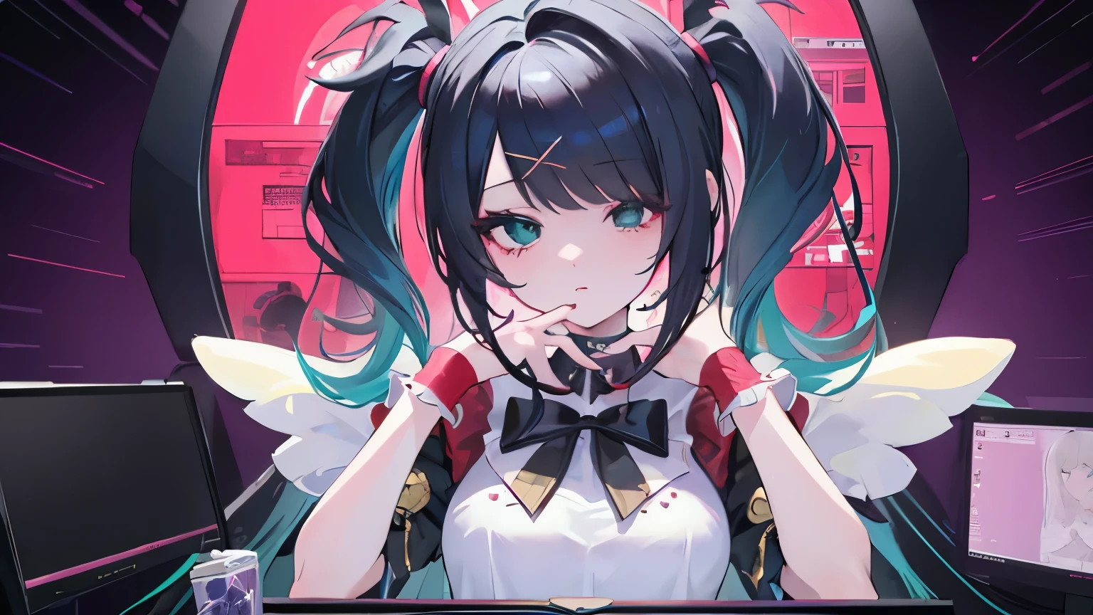(( masterpiece,TOP QUALITY)), 1 girl, difficult, green, closes one eye, viewers, heart, game room background