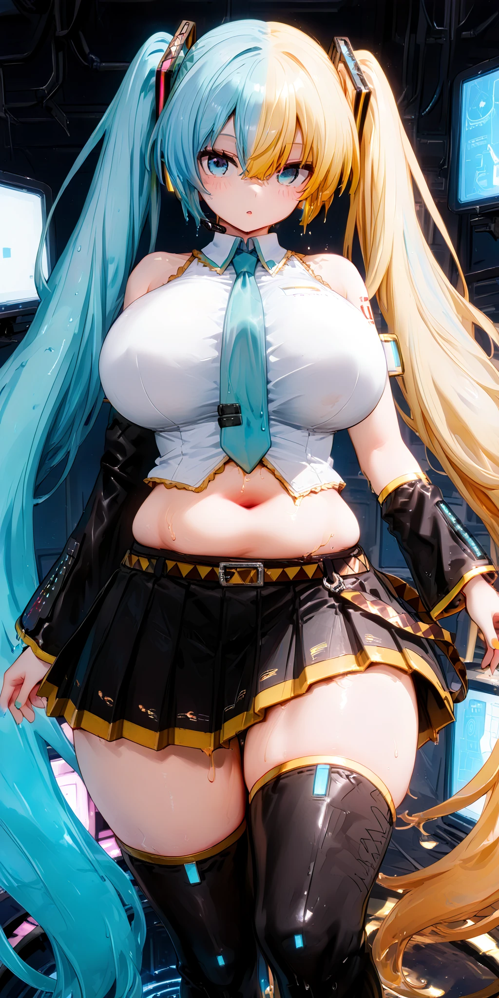 absurdres, (best quality), (masterpiece),(ultra-detailed:1.2),(highres),elaborate ,1girl, solo, sidelighting,
<lora:soda-nikke-richy-v1:0.8> soda \(nikke\), green hair, purple eyes, maid, maid headdress, necktie, detached collar, cleavage, breast strap, gloves, wide hips, curvy, gigantic breasts, bursting breasts, white thighhighs, button gap , 
<lora:teehee:0.5> tehepero, dojikko pose, arm up, licking lips, one eye closed, ;q, >_o, clenched hand[::1],
islandjungle, heavy rain, raining, wet, drenched, wet hair,
candid modelshoot style, fcPortrait, [(fighting stance[::3]:1.1)::0.8],
<lora:add_detail:0.5>,
<lora:GoodHands-beta2:0.5>