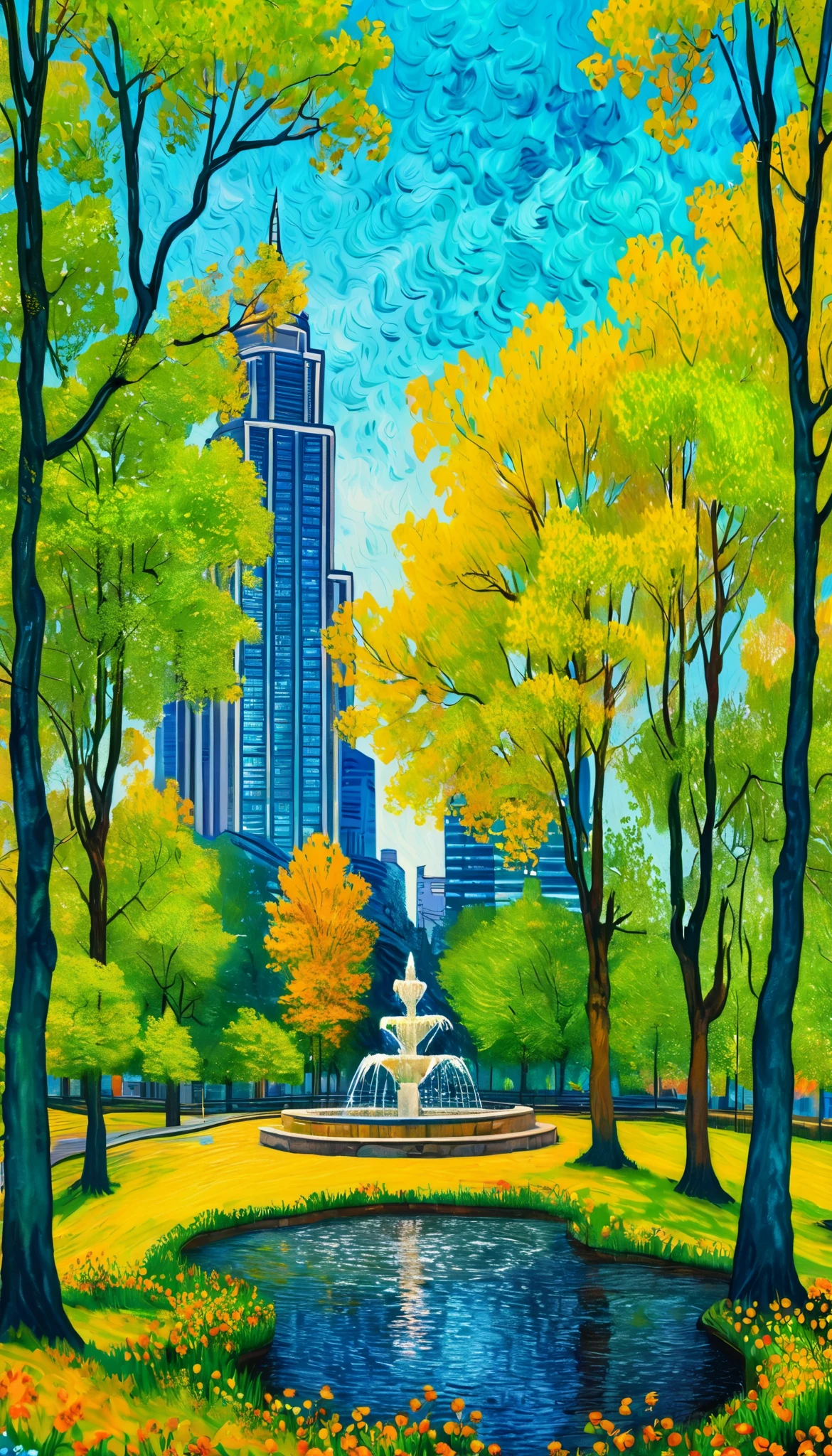  Cityscape  ,   Colorful,  Spring city, forest scene in front of skyscraper，  Water Fountain ，Trees，Van Gogh effect , 8 K,  Best Quality,  Most Details  ,