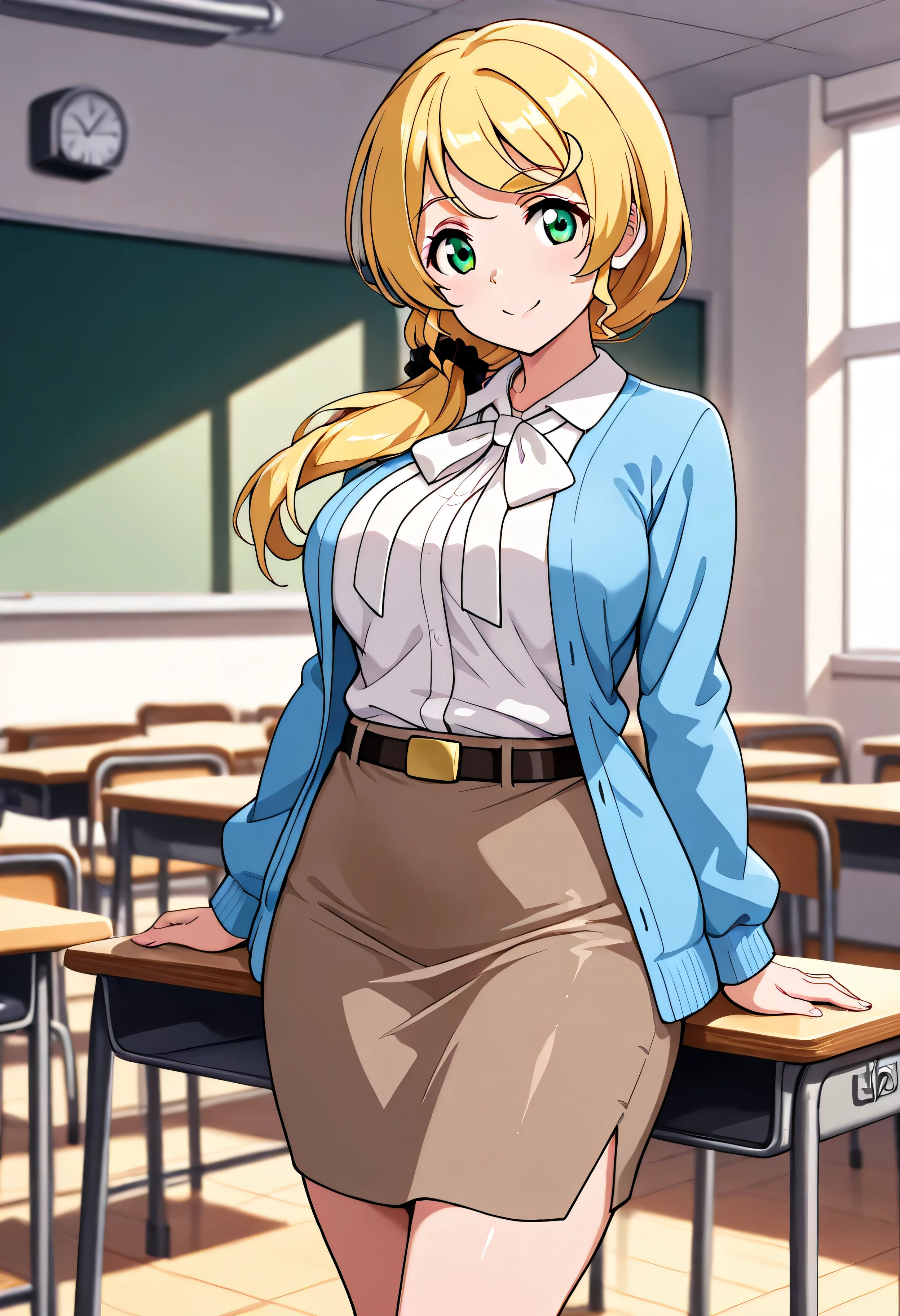 masterpiece, top quality , ultra detail, source , anime style, Ellen Baker, smile, , big thighs, Gold, GREEN EYES, long hair, ponytail, scrunchie , mature woman, shirt, white shirt, collared shirt, Cardigan, blue cardigan, belt, skirt, brown skirt, pencil skirt, standing, classroom, Depicted from a close distance