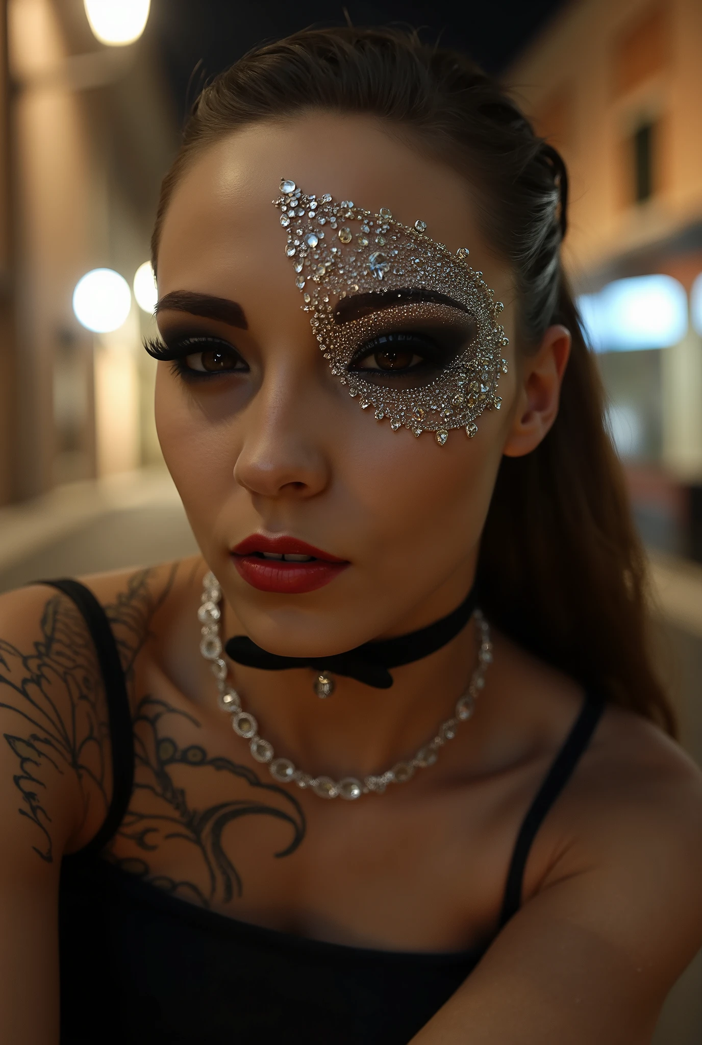 surrealisticunconventional surrelaistic editorial at nighttime in Venice, a model wearing an elegant concept jewelry make up, Eye surrealistic schiaparelli jewelery woman on the eye of the model, futuristic minimalism, concept make up based on parametrical geometry, the geometry covering and decorating the face as a second skin asimmetrical way, set up in in Venice, asimmetrical make up, close up, the model look is in front of camera, haute couture concept design, subject - centered, hyper - detailed, elegance, filigree, scenographic lightEastman Kodak Color Negative film 5251 50T shot on panavision super ps. Hyperrealista 8k