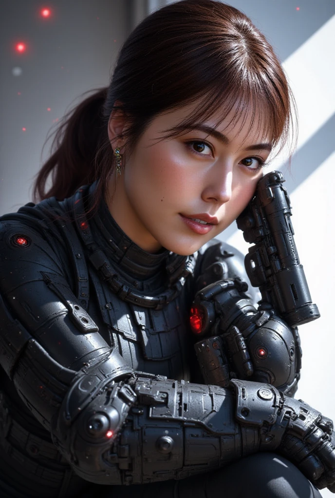 8k, super high resolution, by Nomi, full body, beautiful, captivating, Female super soldier from the 20 and Back project, Kim Ji Wonの複雑な表情, Deep , intense, Tired but attractive expression, is 、 Draconian Kuiper Belt to fight against the reptilian army, Heavily armed, Severely damaged combat armor, Highly advanced futuristic weapon, What is exhibiting a heavy armored suit , It's up to Planet X , Kim Ji Won , Hiding inside the spaceship, Shooting Form , Battle Form , Kim Ji Won written on , Show your face, Award-winning , cowboy in the parlor of the house, Fantasy Art , photo real, Dynamic Lighting, art station, posters, volumetric lighting, highly detailed face, に書かれたKim Ji Won , Fire her weapon