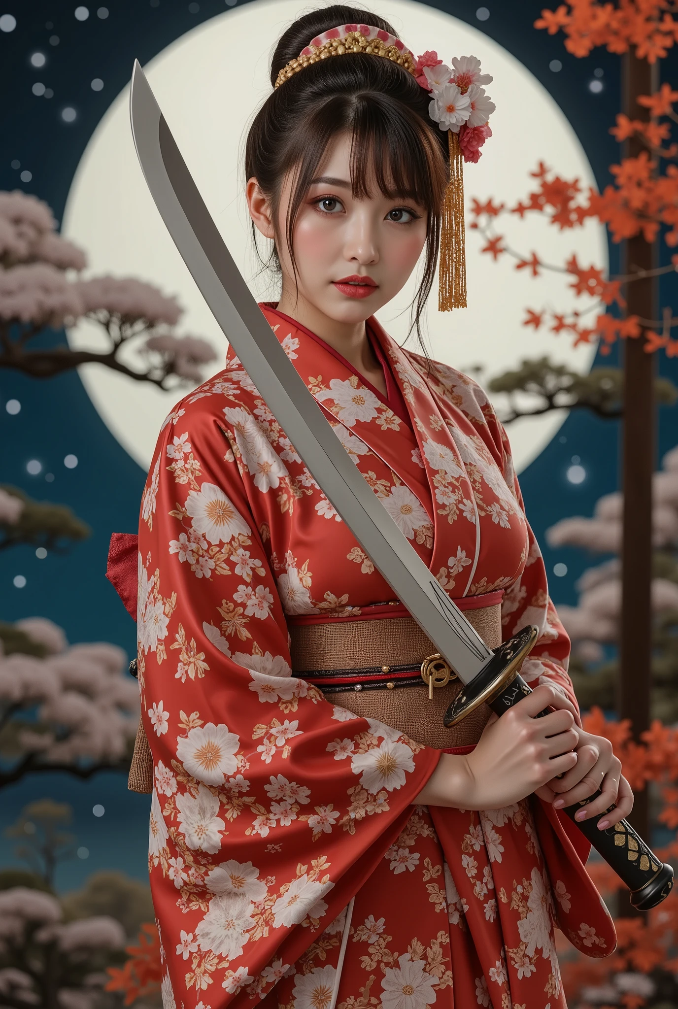 ( masterpiece, TOP QUALITY, by Nomi, high resolution, photos, :1.3), sharp concentration, 1 Beautiful Japanese Geisha Girl, ((( Beautiful kind face :1.5))), Geisha hairstyle, ((( plump body))), Japanese Geisha's Gorgeous Kimono, Standing Pose, (( full body shot)), full body, has a large sword, Japanese style background, night,