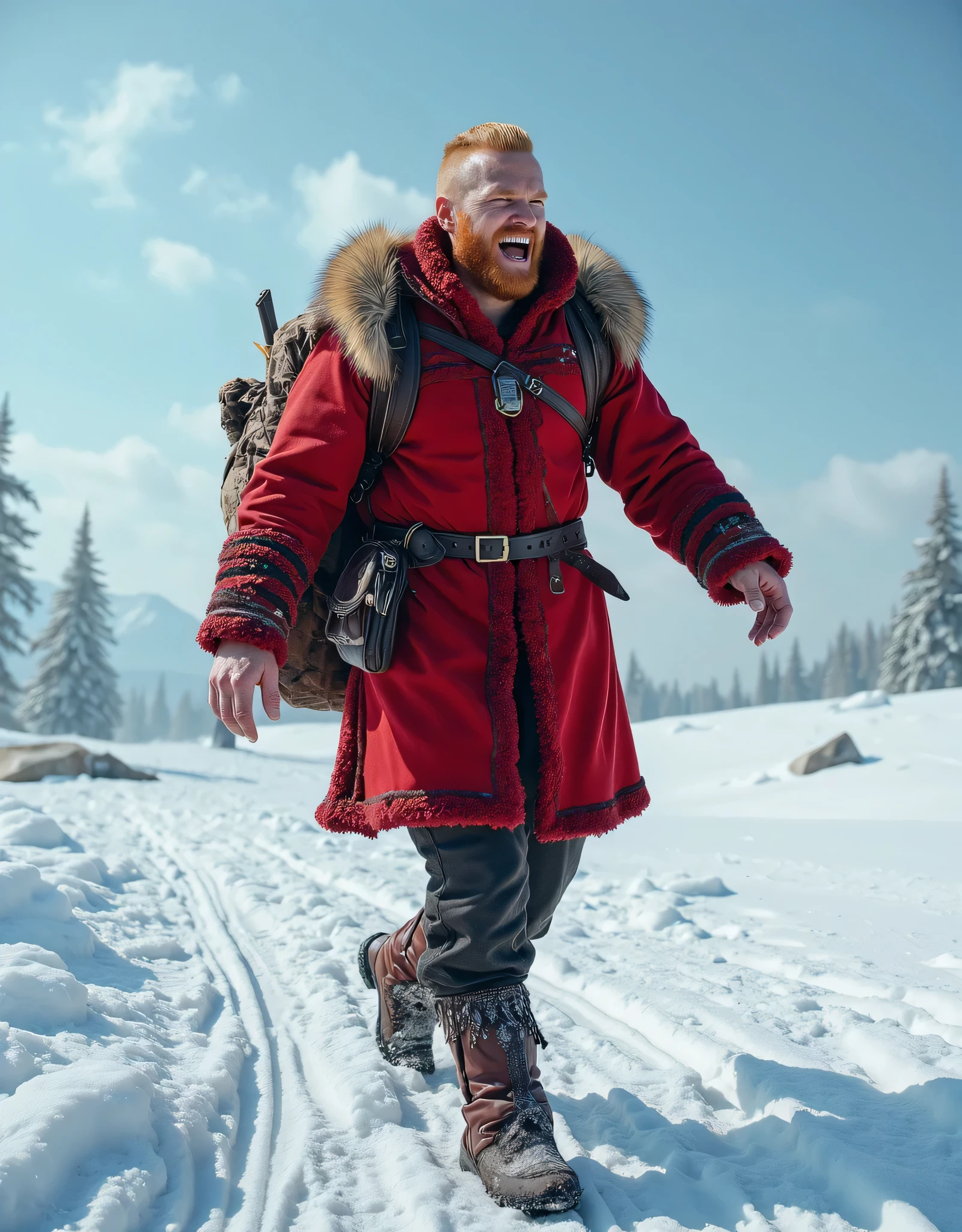 **Prompt:** Envision a breathtaking, intricately detailed scene showcasing a vibrant solo red ginger Viking male traveler hard laughing🤣 in a stunning open snowy landscape. The composition should embody an inspiring atmosphere, utilizing hyper-realism with a wide panoramic angle that takes in the glimmering expanse of untouched snow. The Viking laughing🤣, clad in a striking full red winter tunic that symbolizes his courageous spirit, strides confidently across the landscape, his laughing radiating joy and fun. Highlight his intricately designed travel sack, a testament to his adventurous nature. Create dynamic leading lines in the composition to draw the viewer's eye through the expansive scene, coupled with a rich UHD ambiance that plays with mixed lighting to enhance the realism of his expressions. Focus on the accurate representation of human anatomy, especially his hands, which convey both strength and purpose. As the scene expands, unveil a lively snowy environment bustling with elements of wild nature, ensuring a deep depth of field that engages the viewer's interest. Utilize cutting-edge 3D CGI textures to bring this enchanting vision to life, culminating in a captivating piece of FantasyPunkAi artwork, celebrating the virtues of exploration, community, and the indomitable human fun.