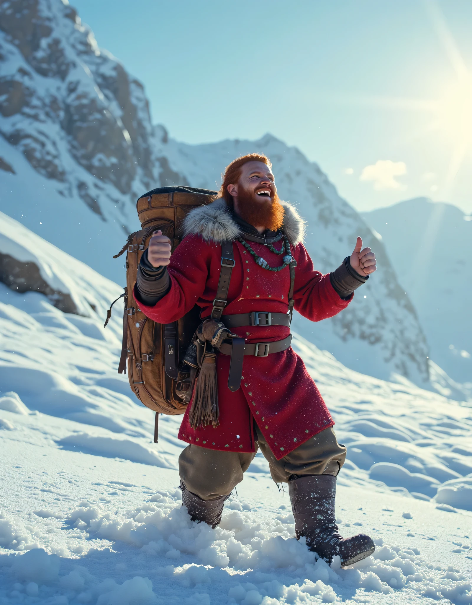 **Prompt:** Envision a breathtaking, intricately detailed scene showcasing a vibrant solo red ginger Viking male traveler hard laughing🤣 in a stunning open snowy landscape. The composition should embody an inspiring atmosphere, utilizing hyper-realism with a wide panoramic angle that takes in the glimmering expanse of untouched snow. The Viking laughing🤣, clad in a striking full red winter tunic that symbolizes his courageous spirit, strides confidently across the landscape, his laughing radiating joy and fun. Highlight his intricately designed travel sack, a testament to his adventurous nature. Create dynamic leading lines in the composition to draw the viewer's eye through the expansive scene, coupled with a rich UHD ambiance that plays with mixed lighting to enhance the realism of his expressions. Focus on the accurate representation of human anatomy, especially his hands, which convey both strength and purpose. As the scene expands, unveil a lively snowy environment bustling with elements of wild nature, ensuring a deep depth of field that engages the viewer's interest. Utilize cutting-edge 3D CGI textures to bring this enchanting vision to life, culminating in a captivating piece of FantasyPunkAi artwork, celebrating the virtues of exploration, community, and the indomitable human fun.