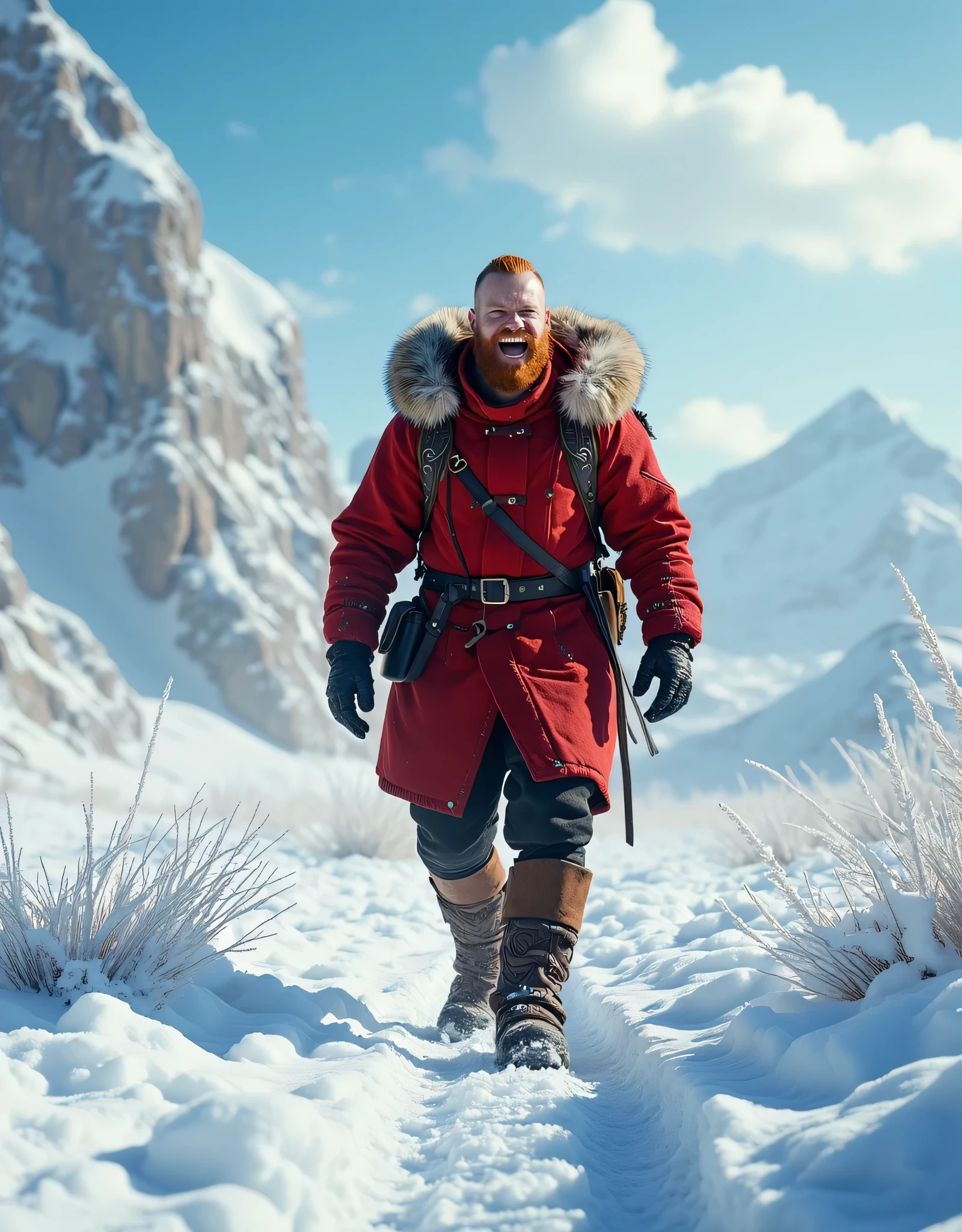 **Prompt:** Envision a breathtaking, intricately detailed scene showcasing a vibrant solo red ginger Viking male traveler hard laughing🤣 in a stunning open snowy landscape. The composition should embody an inspiring atmosphere, utilizing hyper-realism with a wide panoramic angle that takes in the glimmering expanse of untouched snow. The Viking laughing🤣, clad in a striking full red winter tunic that symbolizes his courageous spirit, strides confidently across the landscape, his laughing radiating joy and fun. Highlight his intricately designed travel sack, a testament to his adventurous nature. Create dynamic leading lines in the composition to draw the viewer's eye through the expansive scene, coupled with a rich UHD ambiance that plays with mixed lighting to enhance the realism of his expressions. Focus on the accurate representation of human anatomy, especially his hands, which convey both strength and purpose. As the scene expands, unveil a lively snowy environment bustling with elements of wild nature, ensuring a deep depth of field that engages the viewer's interest. Utilize cutting-edge 3D CGI textures to bring this enchanting vision to life, culminating in a captivating piece of FantasyPunkAi artwork, celebrating the virtues of exploration, community, and the indomitable human fun.