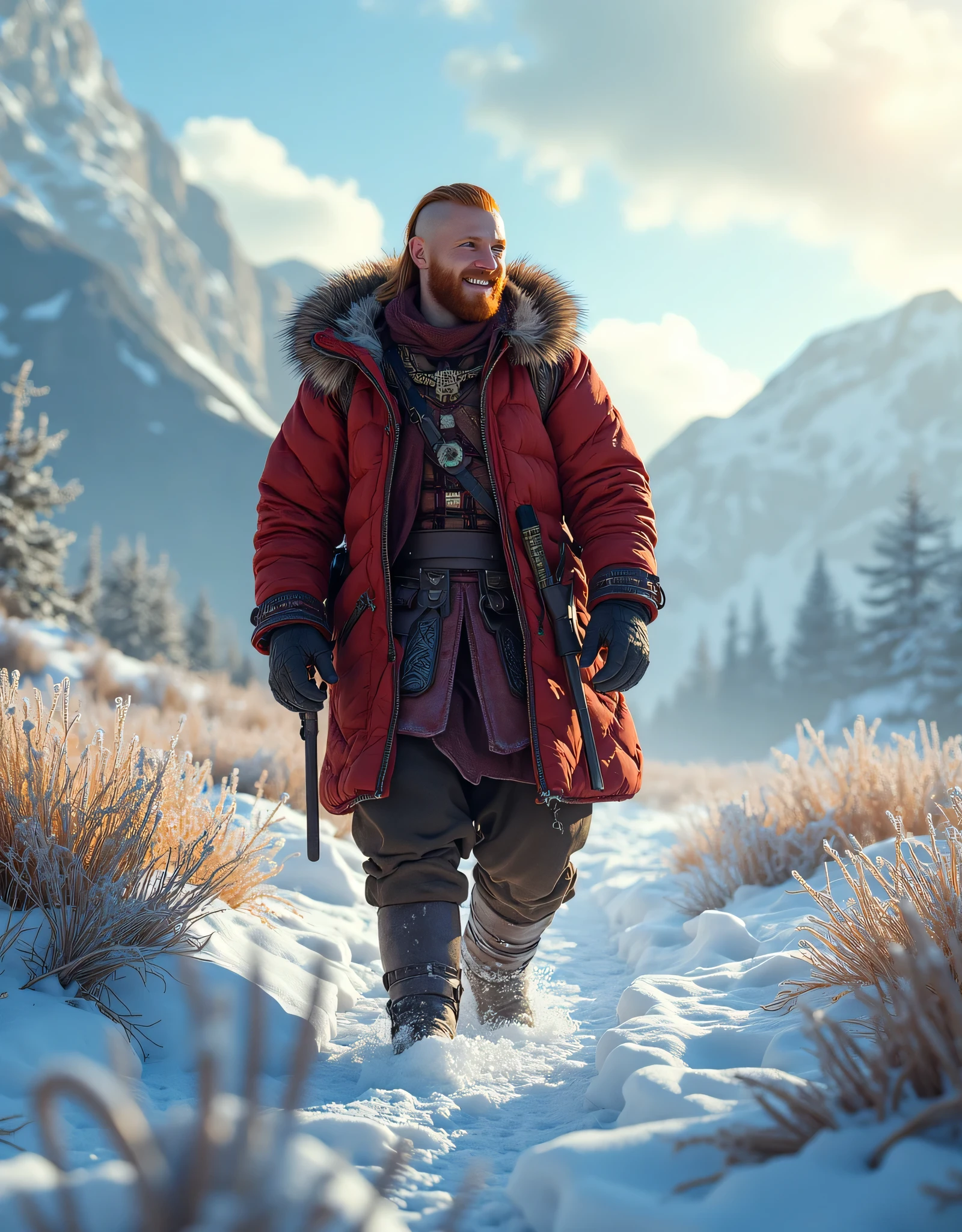 **Prompt:** Envision a breathtaking, intricately detailed scene showcasing a vibrant solo red ginger Viking male traveler amidst a stunning open snowy landscape. The composition should embody an inspiring atmosphere, utilizing hyper-realism with a wide panoramic angle that takes in the glimmering expanse of untouched snow. The Viking, clad in a striking full red winter tunic that symbolizes his courageous spirit, strides confidently across the landscape, his infectious smile radiating joy and determination. Highlight his intricately designed travel sack, a testament to his adventurous nature. Create dynamic leading lines in the composition to draw the viewer's eye through the expansive scene, coupled with a rich UHD ambiance that plays with mixed lighting to enhance the realism of his expressions. Focus on the accurate representation of human anatomy, especially his hands, which convey both strength and purpose. As the scene expands, unveil a lively snowy environment bustling with elements of wild nature, ensuring a deep depth of field that engages the viewer's interest. Utilize cutting-edge 3D CGI textures to bring this enchanting vision to life, culminating in a captivating piece of FantasyPunkAi artwork, celebrating the virtues of exploration, community, and the indomitable human spirit.