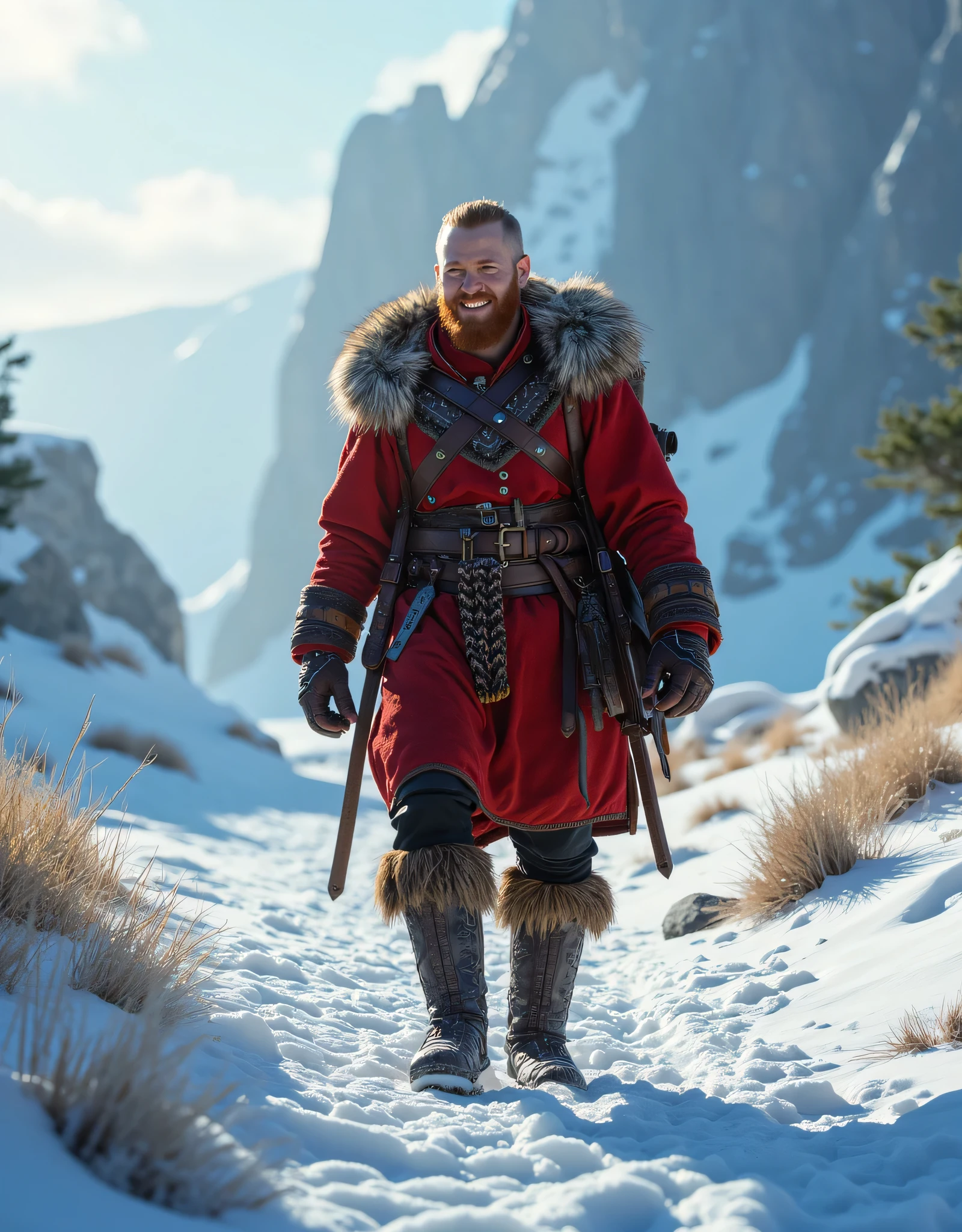 **Prompt:** Envision a breathtaking, intricately detailed scene showcasing a vibrant solo red ginger Viking male traveler amidst a stunning open snowy landscape. The composition should embody an inspiring atmosphere, utilizing hyper-realism with a wide panoramic angle that takes in the glimmering expanse of untouched snow. The Viking, clad in a striking full red winter tunic that symbolizes his courageous spirit, strides confidently across the landscape, his infectious smile radiating joy and determination. Highlight his intricately designed travel sack, a testament to his adventurous nature. Create dynamic leading lines in the composition to draw the viewer's eye through the expansive scene, coupled with a rich UHD ambiance that plays with mixed lighting to enhance the realism of his expressions. Focus on the accurate representation of human anatomy, especially his hands, which convey both strength and purpose. As the scene expands, unveil a lively snowy environment bustling with elements of wild nature, ensuring a deep depth of field that engages the viewer's interest. Utilize cutting-edge 3D CGI textures to bring this enchanting vision to life, culminating in a captivating piece of FantasyPunkAi artwork, celebrating the virtues of exploration, community, and the indomitable human spirit.