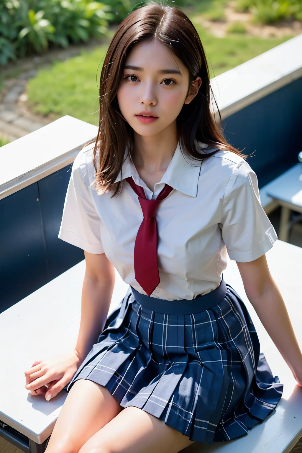 校服、knee high socks、Brown hair、Shorthair、kawaii faces、Classroom、Tight uniform、Spread your legs apart、sexy underwear、Spread your legs boldly、Tight uniform、Mature look、plaid skirts、White shirt、neck tie、The shape of the pubic area is clearly visible、No Underwear、hi-school girl、Pubic hair is see-through