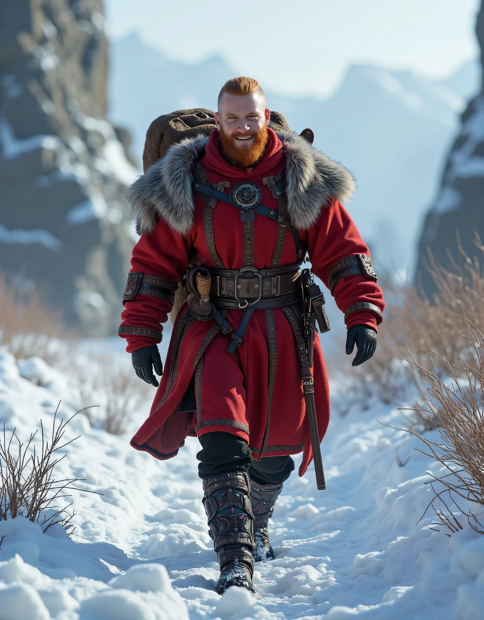 **Prompt:** Envision a breathtaking, intricately detailed scene showcasing a vibrant solo red ginger Viking male traveler amidst a stunning medieval snowy landscape. The composition should embody an inspiring atmosphere, utilizing hyper-realism with a wide panoramic angle that takes in the glimmering expanse of untouched snow. The Viking, clad in a striking full red winter tunic that symbolizes his courageous spirit, strides confidently across the landscape, his infectious smile radiating joy and determination. Highlight his intricately designed travel sack, a testament to his adventurous nature. Create dynamic leading lines in the composition to draw the viewer's eye through the expansive scene, coupled with a rich UHD ambiance that plays with mixed lighting to enhance the realism of his expressions. Focus on the accurate representation of human anatomy, especially his hands, which convey both strength and purpose. As the scene expands, unveil a lively snowy environment bustling with elements of wild nature, ensuring a deep depth of field that engages the viewer's interest. Utilize cutting-edge 3D CGI textures to bring this enchanting vision to life, culminating in a captivating piece of FantasyPunkAi artwork, celebrating the virtues of exploration, community, and the indomitable human spirit.