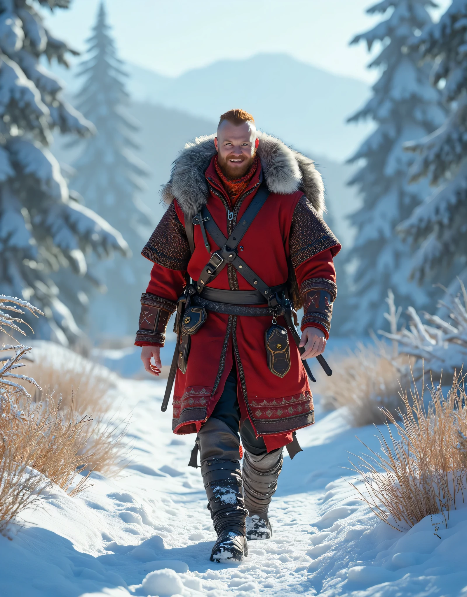 **Prompt:** Envision a breathtaking, intricately detailed scene showcasing a vibrant solo red ginger Viking male traveler amidst a stunning medieval snowy landscape. The composition should embody an inspiring atmosphere, utilizing hyper-realism with a wide panoramic angle that takes in the glimmering expanse of untouched snow. The Viking, clad in a striking full red winter tunic that symbolizes his courageous spirit, strides confidently across the landscape, his infectious smile radiating joy and determination. Highlight his intricately designed travel sack, a testament to his adventurous nature. Create dynamic leading lines in the composition to draw the viewer's eye through the expansive scene, coupled with a rich UHD ambiance that plays with mixed lighting to enhance the realism of his expressions. Focus on the accurate representation of human anatomy, especially his hands, which convey both strength and purpose. As the scene expands, unveil a lively snowy environment bustling with elements of wild nature, ensuring a deep depth of field that engages the viewer's interest. Utilize cutting-edge 3D CGI textures to bring this enchanting vision to life, culminating in a captivating piece of FantasyPunkAi artwork, celebrating the virtues of exploration, community, and the indomitable human spirit.