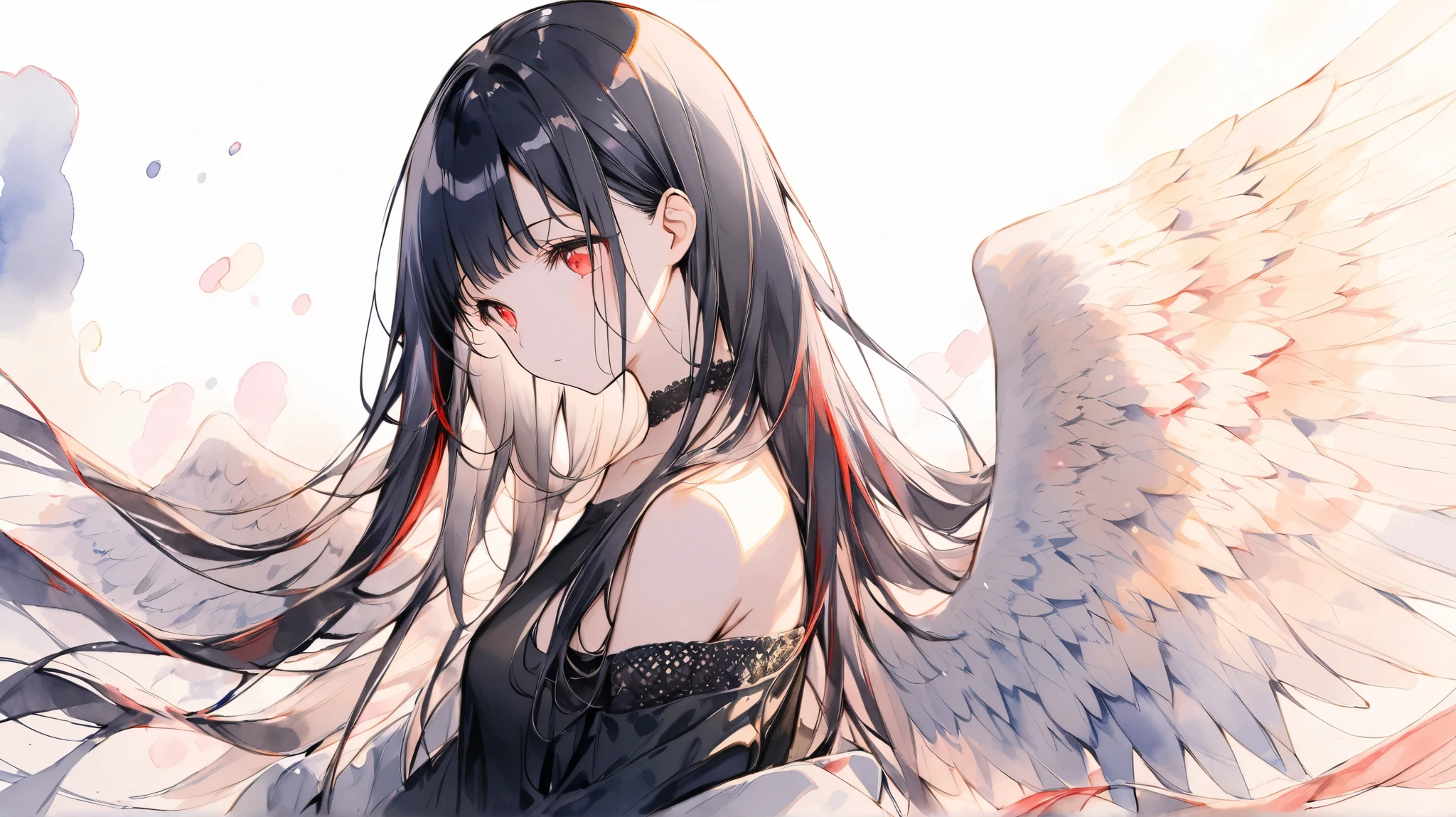 Alone, handsome,watercolor,
1. woman,
bangs, straight hair , long hair,
  black hair, Gojo Satoru, angel wings,
 red eyes,
 black knit,Off the shoulder ,
skin,  Silver Accessories  ,
 white background,