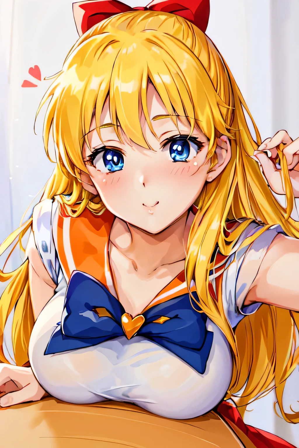 Masterpiece, top quality, Ultra Detailed, 8K, Anime, perfectly (Aino Minako), (Sailor Venus), 1girl, fake pout:1.1, Orange Sailor, giggle smile, blonde long hair with red ribbon, breast press, from above, breast press to viewer, gazing at viewer, love struck, on viewer:1.2
