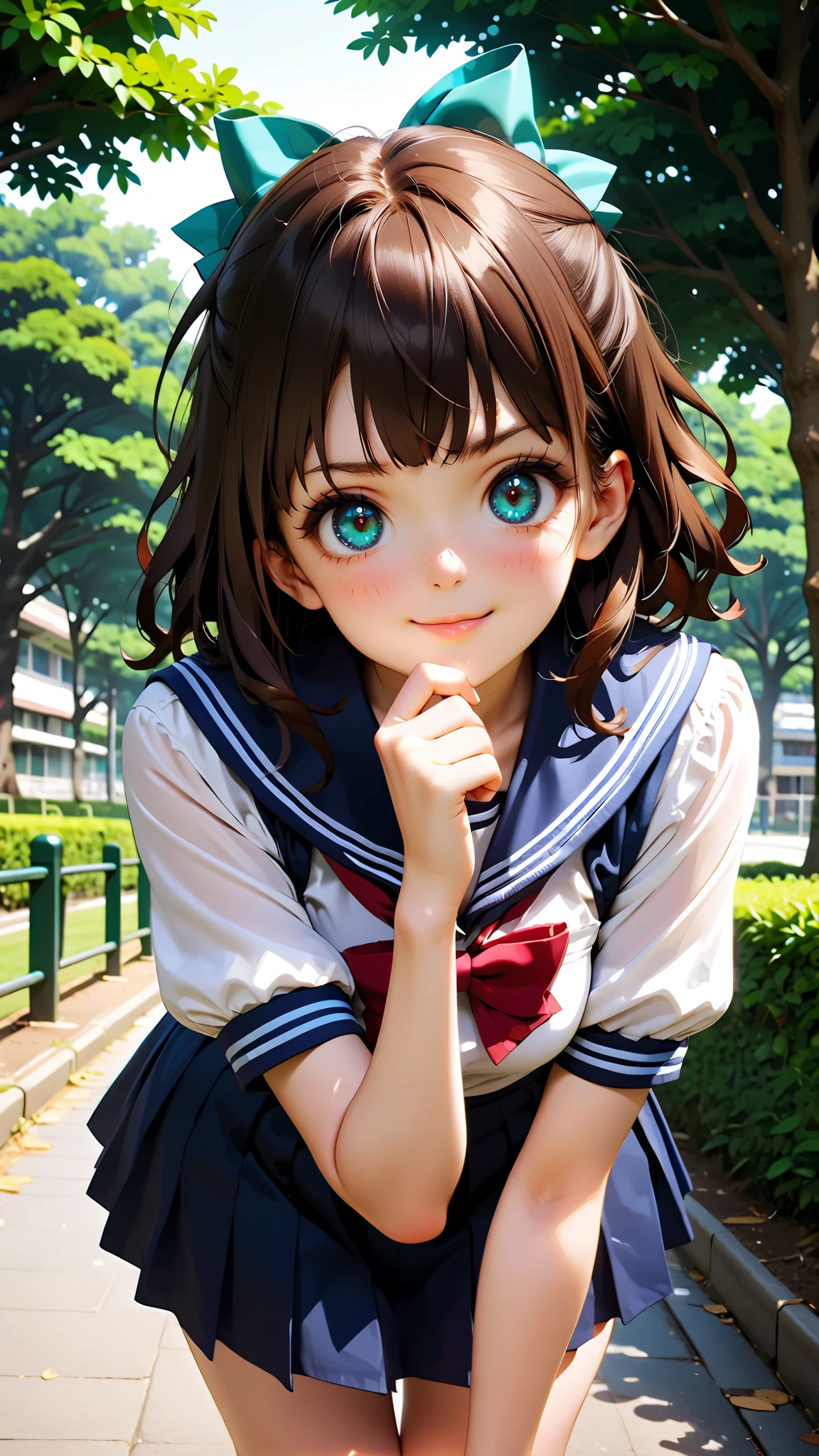 masterpiece, best quality, very aesthetic, ultra detailed), intricate details, 1 girl, cute face, alone, brown hair, medium hair, wavy hair, bun, hair bow, teal eyes, medium breasts, school uniform,sera fuku, shiny skin, smile, posing full body, looking at viewer, outdoors, school park, perfect anatomy, smug, Enchanting Eyes, focus drawn to eyes, highly detailed eyes, 2d