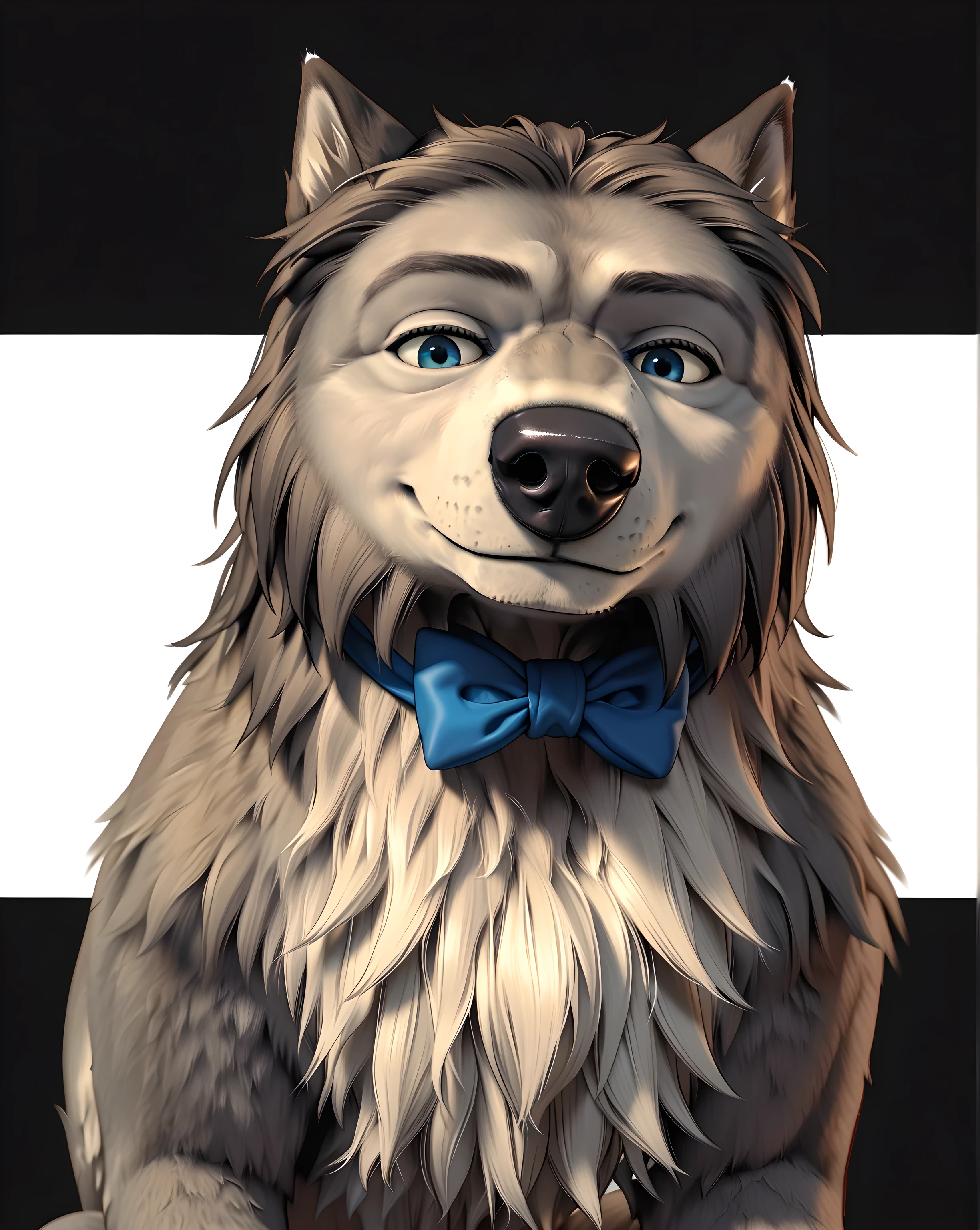 WinstonAO, half view, half body, looking at viewer, feral, wolf, old wolf, male, blue eyes, tail, solo, no background, simple background, proud, sitting, sitting wolf, strong body, muscular chest, subtle smile, looking at viewer, gentle face, (front view, facing the viewer), wearing a black bowtie