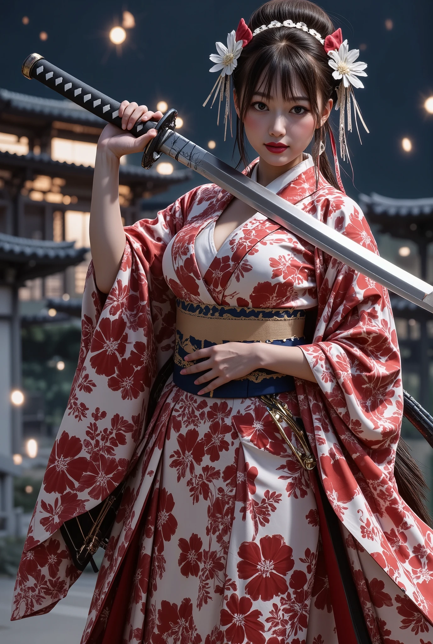 ( masterpiece, TOP QUALITY, by Nomi, high resolution, photos, :1.3), sharp concentration, 1 Beautiful Japanese Geisha Girl, ((( Beautiful kind face :1.5))), Geisha hairstyle, ((( plump body))), Japanese Geisha's Gorgeous Kimono, Standing Pose, (( full body shot)), full body, has a large sword, Japanese style background, night,