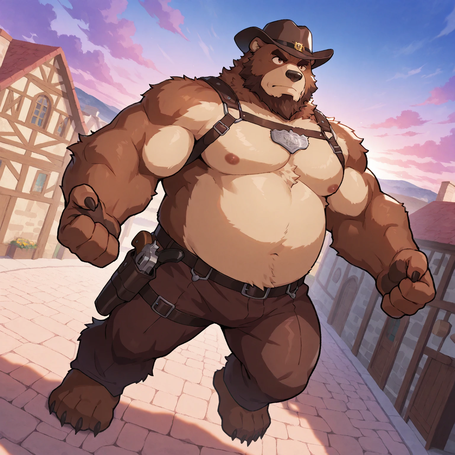 solo, 1boy, fur, fur taur Huge Muscular Old Grizzly Beartaur, chubby, thin belt, belly(white), brown fur, detailed face, detailed taur body, detailed bear paws, detailed bear tail, black cloak, standing, Gotham background, masterpiece, high detailed, 8k, high resolution