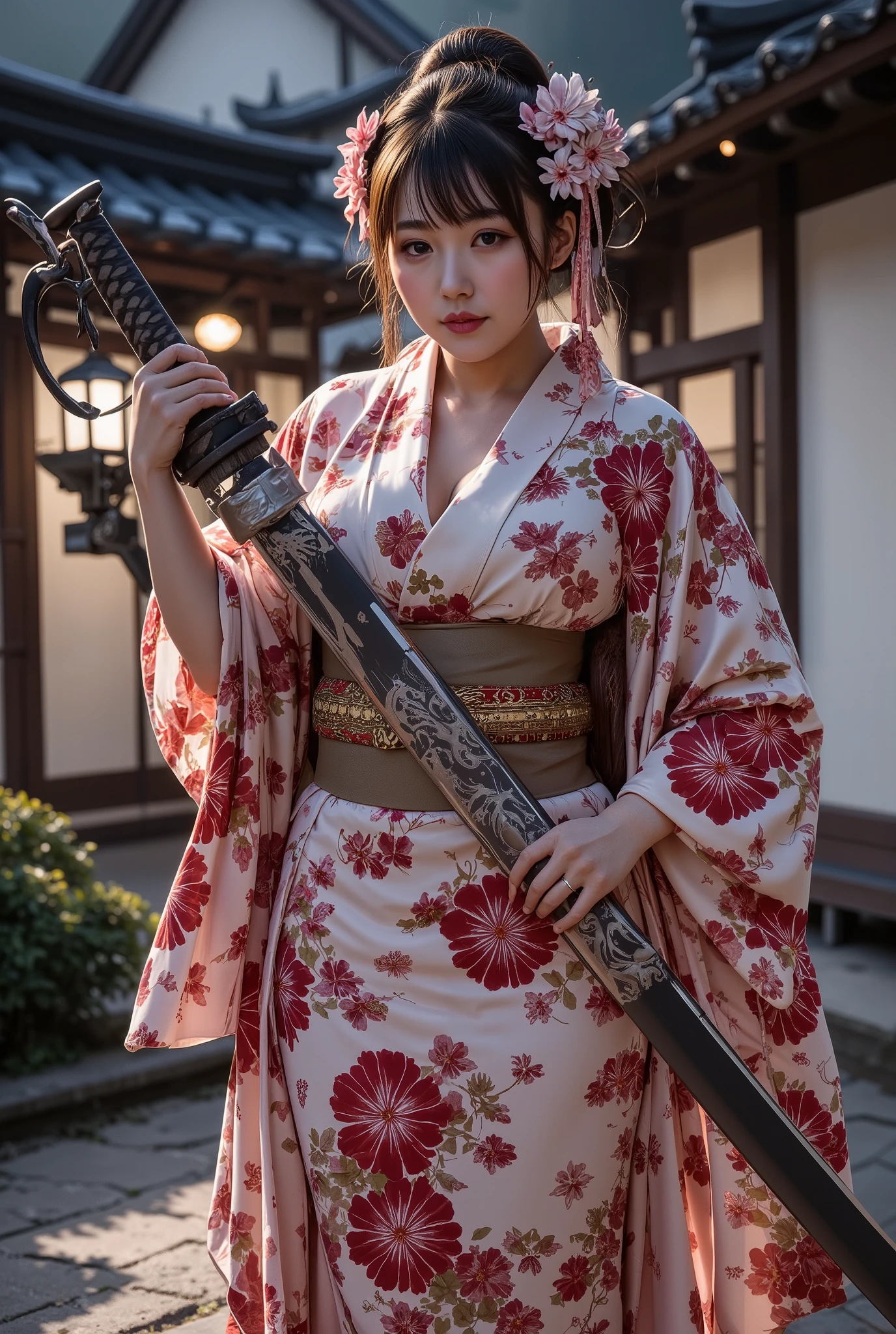 ( masterpiece, TOP QUALITY, by Nomi, high resolution, photos, :1.3), sharp concentration, 1 Beautiful Japanese Geisha Girl, ((( Beautiful kind face :1.5))), Geisha hairstyle, ((( plump body))), Japanese Geisha's Gorgeous Kimono, Standing Pose, (( full body shot)), full body, has a large sword, Japanese style background, night,