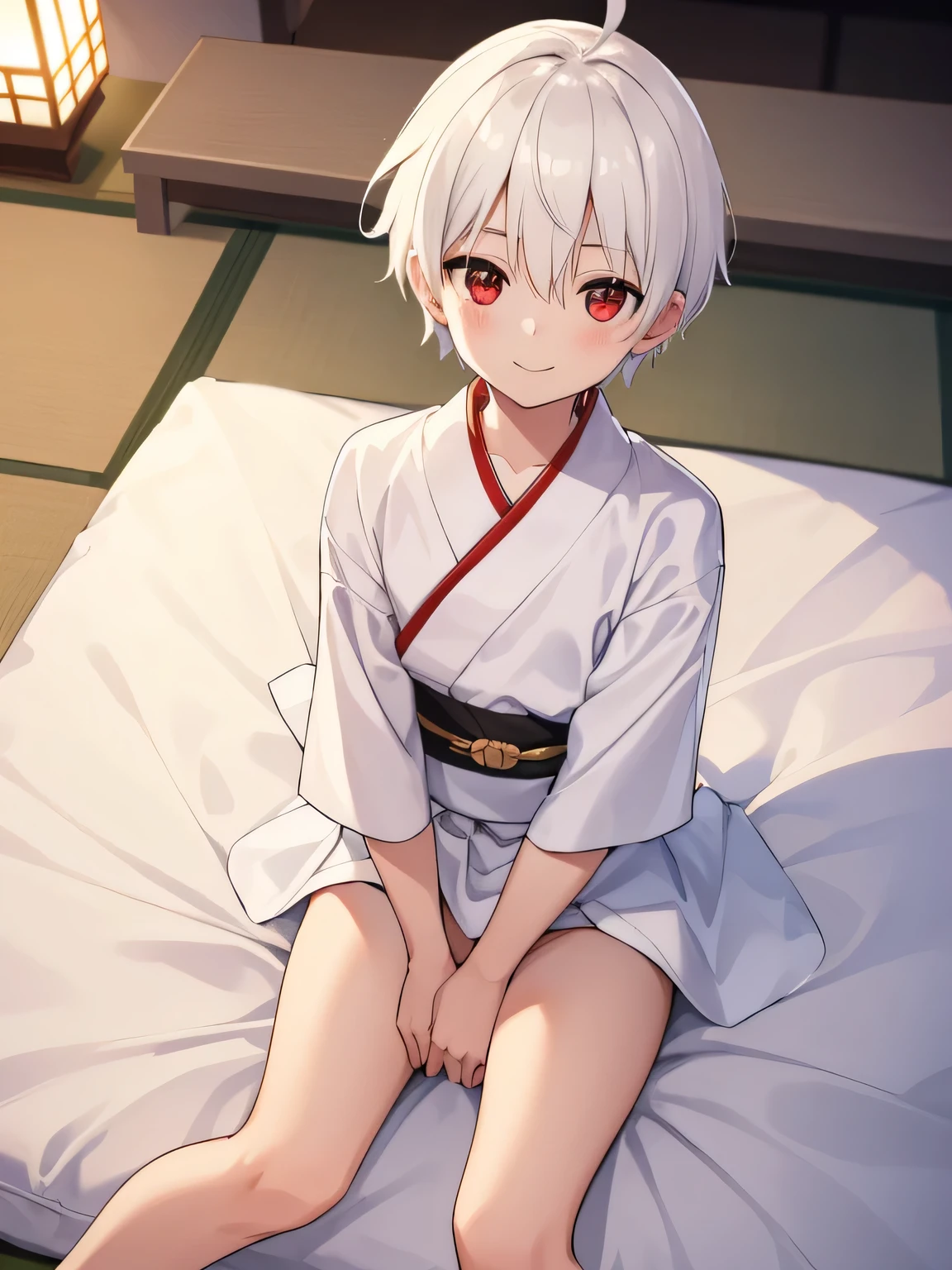 ((one boy)), ((ahoge)), (((white short hair))), (red eyes), Japanese-style room in a dim night, tatami, ((on white futon)), (one white pillow),No lighting, ((Lotus Position)),((hand between legs)), white miniskirt kimono on a cushion,white panties seen from the front, ((kind smiles)) ,((from above)),Blushing, top quality, HD, Unity 8K Wallpaper, Masterpiece,looking at viewer