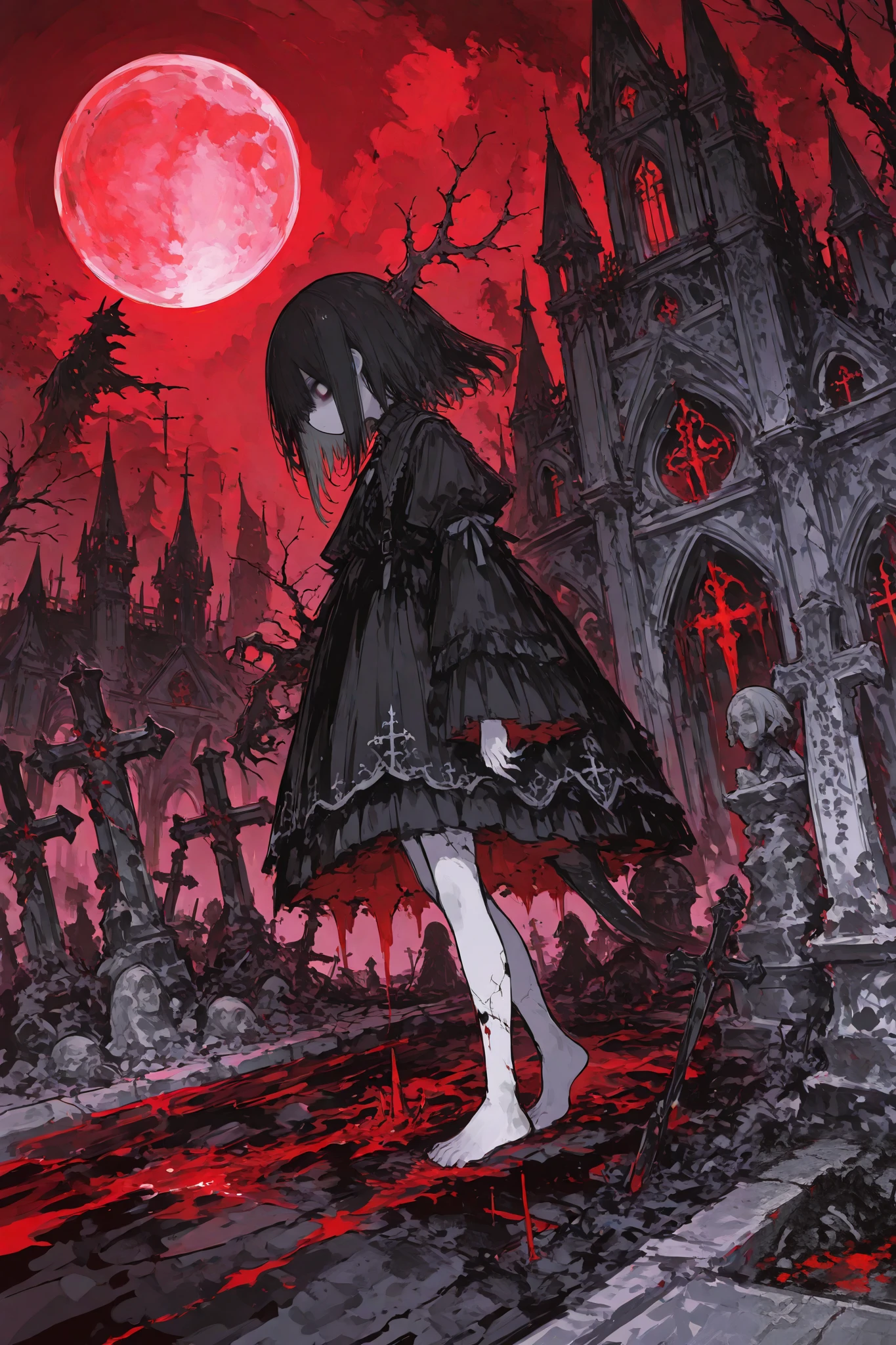 illustration, best quality, dramatic lighting,r17329_illu,usnr,dark, gothic-style illustration of a melancholic,chibi girl walking through a ruined, gothic landscape. The woman is dressed in a flowing, tattered black gown, her pale skin contrasting sharply with the dark surroundings. She walks barefoot over a cracked, barren ground, with her head slightly bowed, exuding a sense of sorrow and mystery. The landscape around her is desolate, with crumbling gothic architecture—tall spires, ruined cathedrals, and stone statues. Dead, twisted trees surround the scene, their gnarled branches casting eerie shadows. In the distance, a blood-red moon hangs low in the sky, illuminating the land with a haunting red glow. Pools of dark water reflect the woman’s sorrowful figure, creating an atmosphere of despair and forgotten beauty. The overall scene evokes a sense of loss, gothic elegance, and dark romanticism