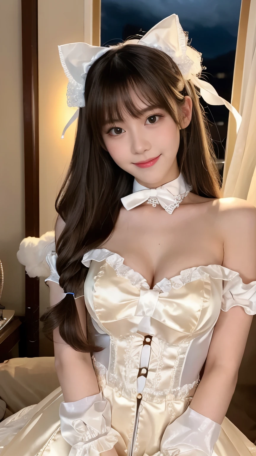 (highest quality, On the table:1.2), (Actual:1.3), (非常にDetailed Background, Detailed Background), Bokeh,Shooting from the side, ((Medium chest)), [Beautiful Valley],(Bustier,No sleeve,Yellow mermaid wedding dress:1.3),(head:1.5), Bridal Tiara, Wedding Veil, Bridal Gloves, Upper Body, Beautiful wedding venue near the sea, ager, Lovely,smile,