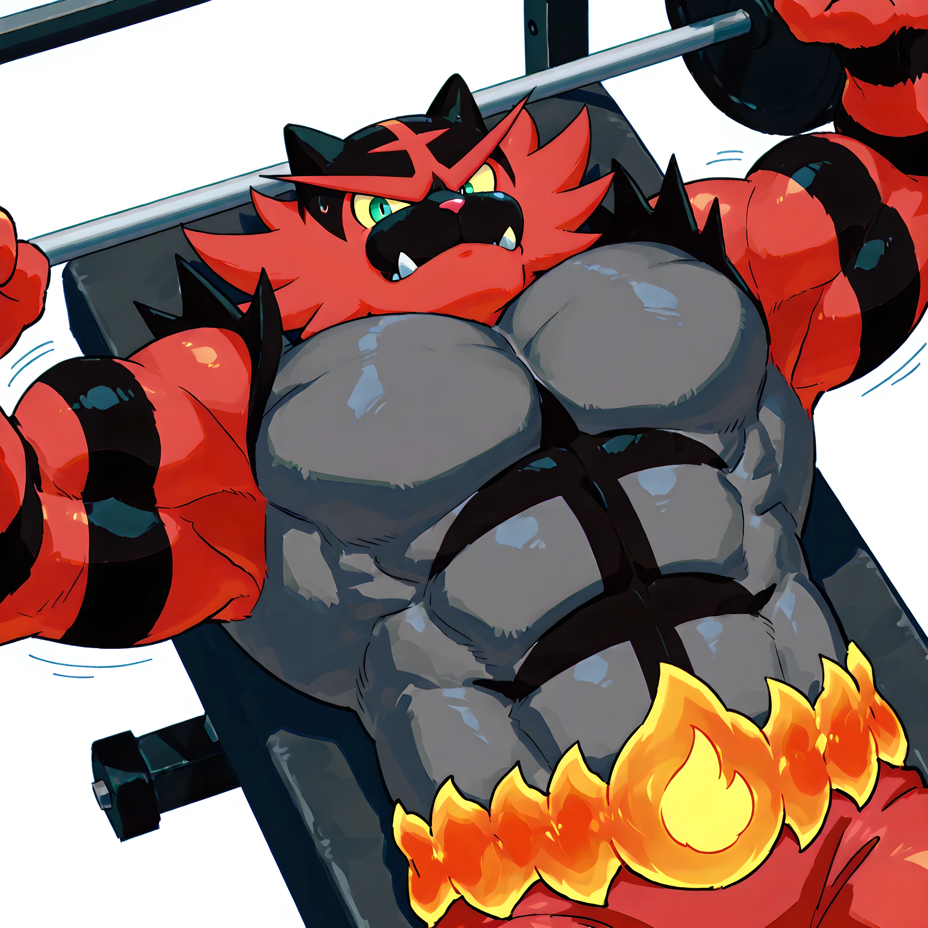 incineroar, high quality, male, solo, white background, no background, looking at viewer, bench press, weightlifting, weight bench, exercising, weights, struggling, lying, on back, thick arms, big pecs, half body, upper body, top view, from above, cowboy shot