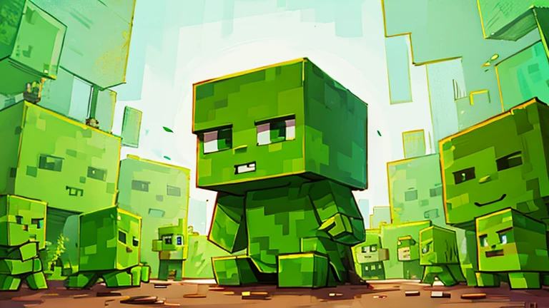 Minecraft creeperwoman with cube head black eye Green half black body blushing and show butt left side view 