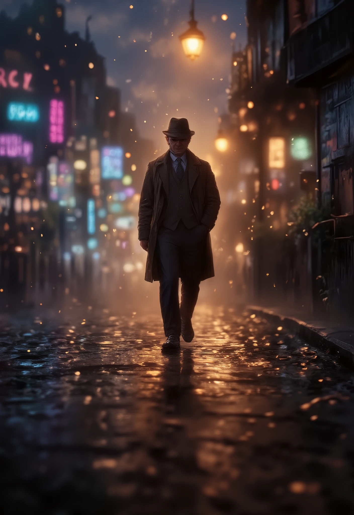 (best quality,8k,highres, masterpiece:1.2),(silhouette art), ultra-detailed, HDR, UHD, studio lighting, ultra-fine painting, sharp focus, physically-based rendering, extreme detail description, professional, vivid colors, bokeh, portraits, concept artists, warm color palette, dramatic lighting,London, in the fog, a man in a suit, hat and trench coat, walking on the cobblestones, a thick fog, a fog so much that you can't see ahead, his feet are covered with fog,
