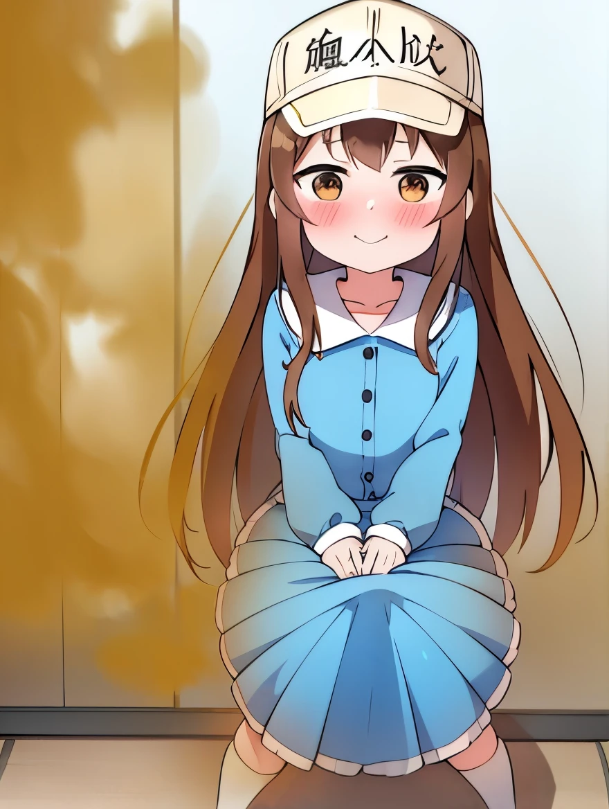 Thrombocyte-chan 、Platelets、8k、must-have、anime、fart、shyness、blush、a lot of gas、Gas comes out of the butt、Anime Chick 、full body photo、、White cap、brown hair、long hair、ergarteners、blue clothes with top and bottom connected、Blue skirt、Are standing、Satisfied smile、open your mouth、brown eyes、fart、Poop、buttの穴を開ける、butt、 squats、 anal、bare your buttocks、Put your butt out、