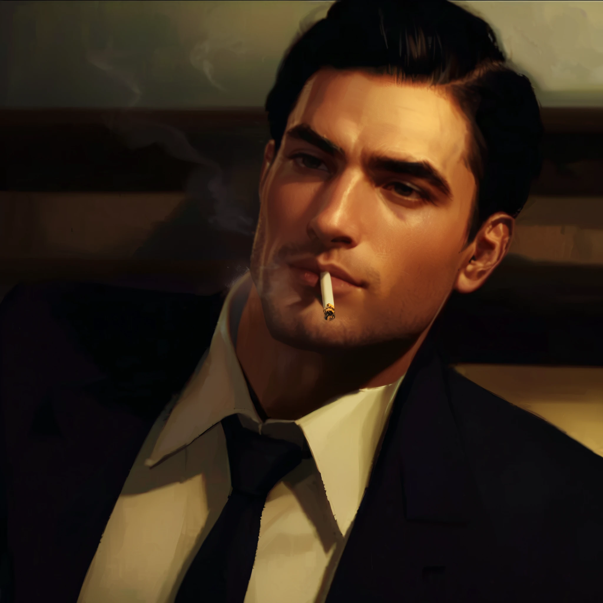 Portrait, semi-realistic style, detailed, HQ, High definition, Male focus, handsome young italian man with olive skin, dark hair slicked-back, and dark hair, sharp masculine features, wearing a tailored suit, smoking a cigarette, wisps of smoke, mafia