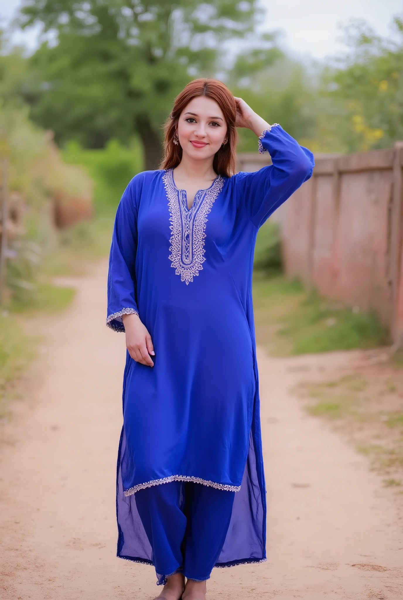 Indian girl in village,wearing blue full nee length long loose kurti pant,smile on face,posing for photo looking at viewers (masterpiece)( 32k)( ultra high resolution) outside a old house,dehati gurjar girl in village on road aa