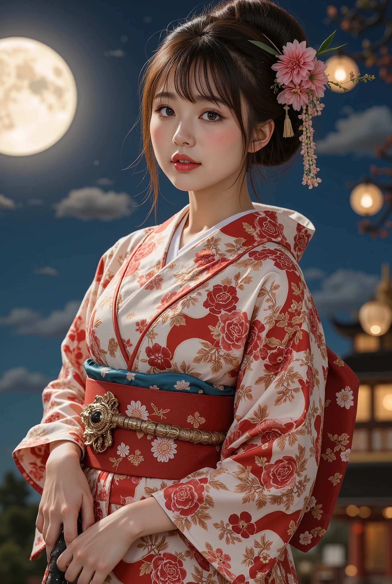 ( masterpiece, TOP QUALITY, by Nomi, high resolution, photos, :1.3), sharp concentration, 1 Beautiful Japanese Geisha Girl, ((( Beautiful kind face :1.5))), Geisha hairstyle, ((( plump body))), Japanese Geisha's Gorgeous Kimono, Standing Pose, (( full body shot)), full body, has a large sword, Japanese style background, night,