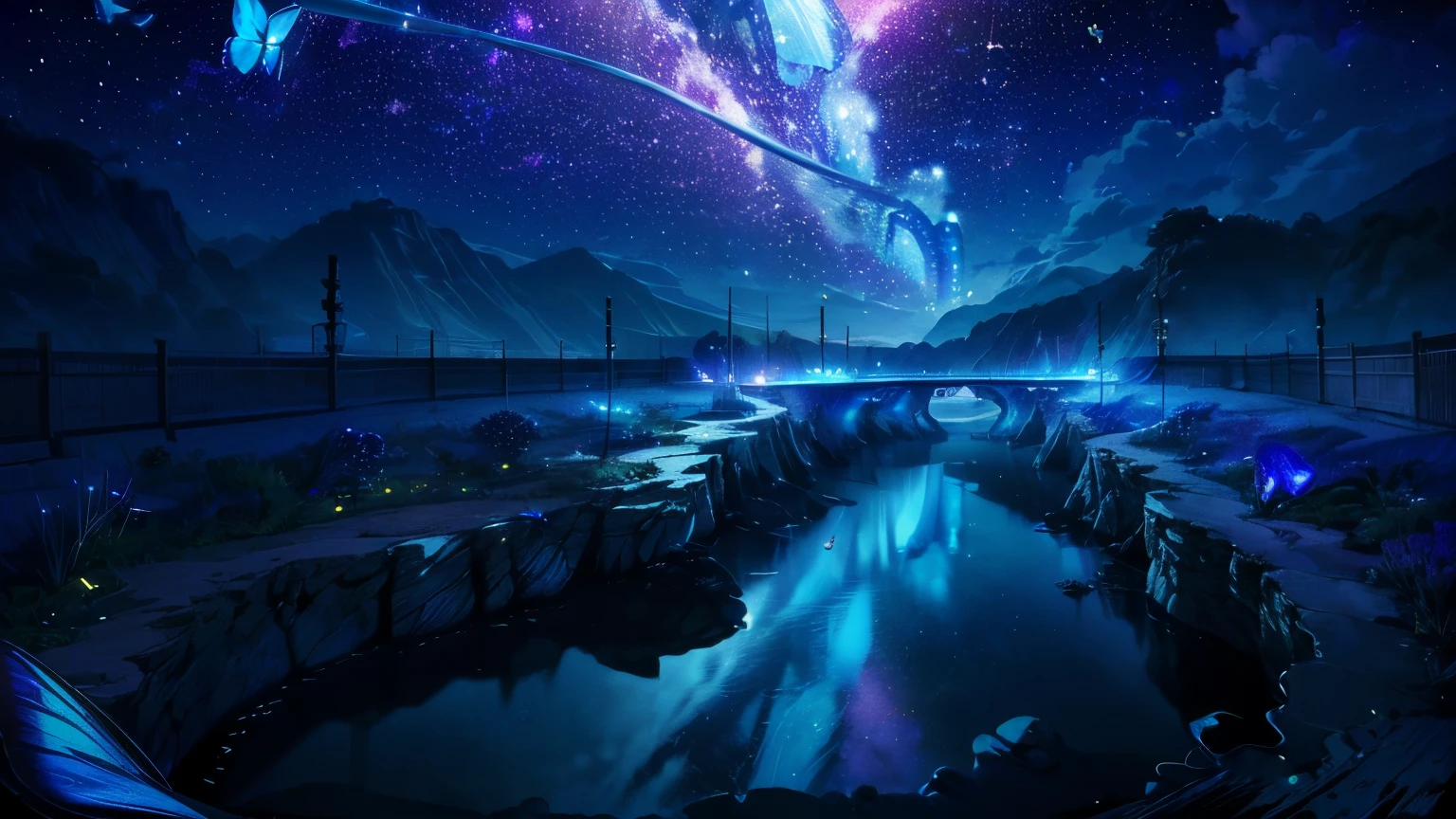 超 HD, HD, high quality , Spectacular views ,((息をのむような美しい Milky Way銀河))),(((Large Swarm of Cobalt Blue Neon Morpho Butterflies Flying Over Water)). shot with a fisheye lens ,((( mystical atmosphere ))), Beautiful Sunset , Majestic Atmosphere , Milky Way, star, star屑, Milky Way, 流star, ((( Mump Residents))), Beautiful Sunset , Bioluminescent Flowers and Trees々 shining at the bottom of the valley 々 magazine in photos ,
