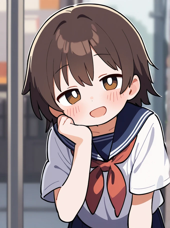 masterpiece,best quality,ultra detail, girl,petite,sailor uniform,school garden, <lora:yudedako_v200:0.6>open mouth,shy,blush