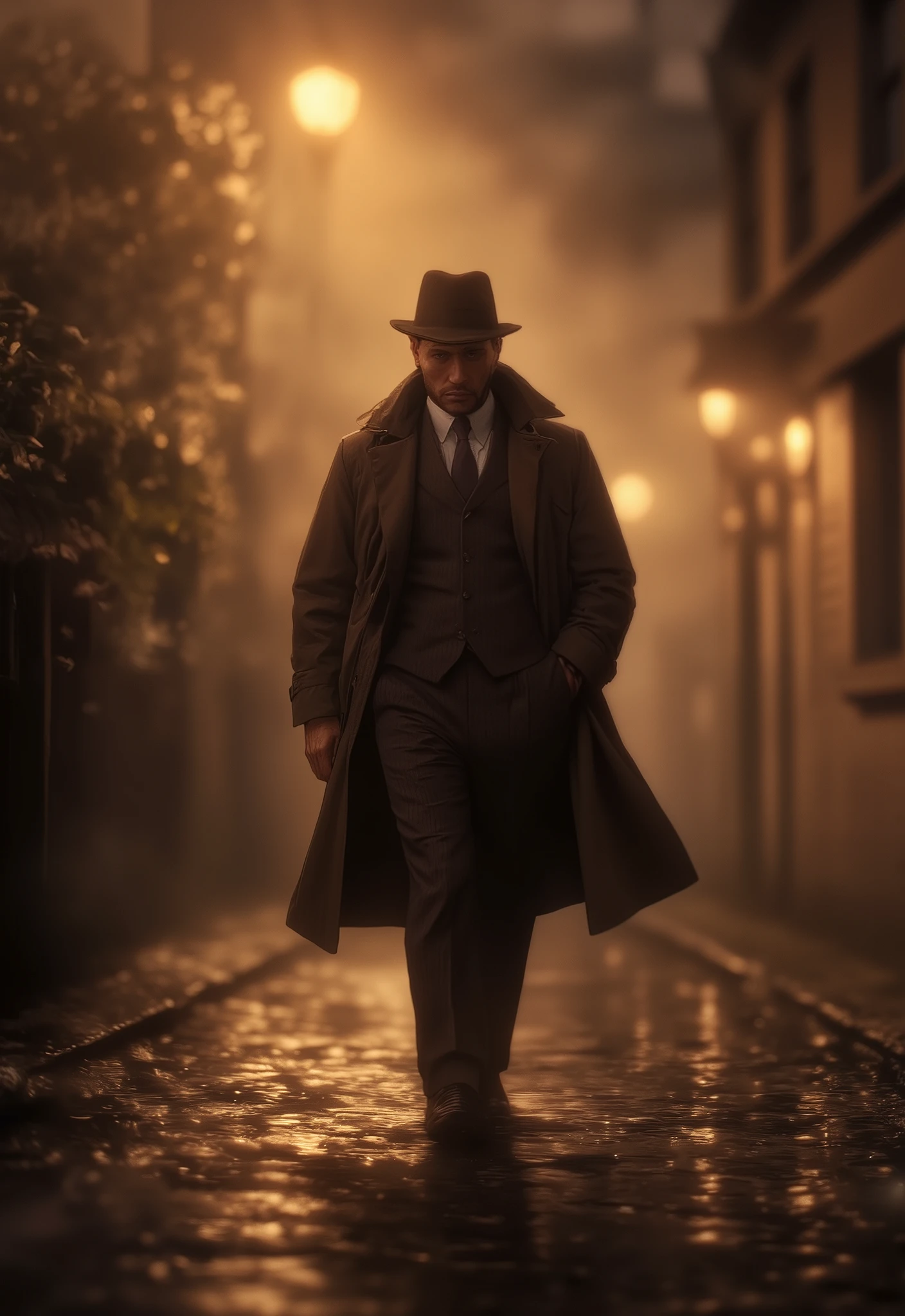 (best quality,8k,highres, masterpiece:1.2),(silhouette art), ultra-detailed, HDR, UHD, studio lighting, ultra-fine painting, sharp focus, physically-based rendering, extreme detail description, professional, vivid colors, bokeh, portraits, concept artists, warm color palette, dramatic lighting,London, in the fog, a man in a suit, hat and trench coat, walking on the cobblestones, a thick fog, a fog so much that you can't see ahead, his feet are covered with fog,