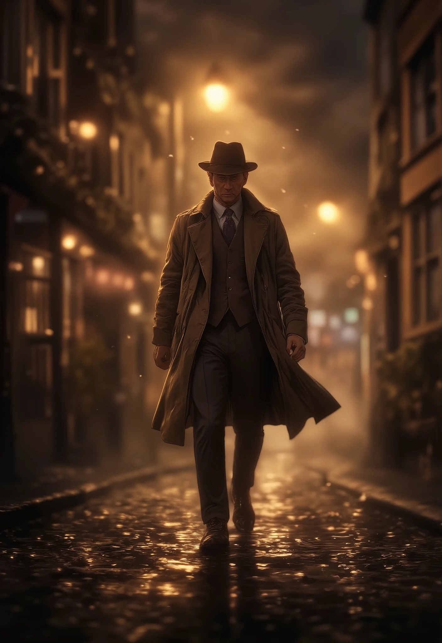(best quality,8k,highres, masterpiece:1.2),(silhouette art), ultra-detailed, HDR, UHD, studio lighting, ultra-fine painting, sharp focus, physically-based rendering, extreme detail description, professional, vivid colors, bokeh, portraits, concept artists, warm color palette, dramatic lighting,London, in the fog, a man in a suit, hat and trench coat, walking on the cobblestones, a thick fog, a fog so much that you can't see ahead, his feet are covered with fog,