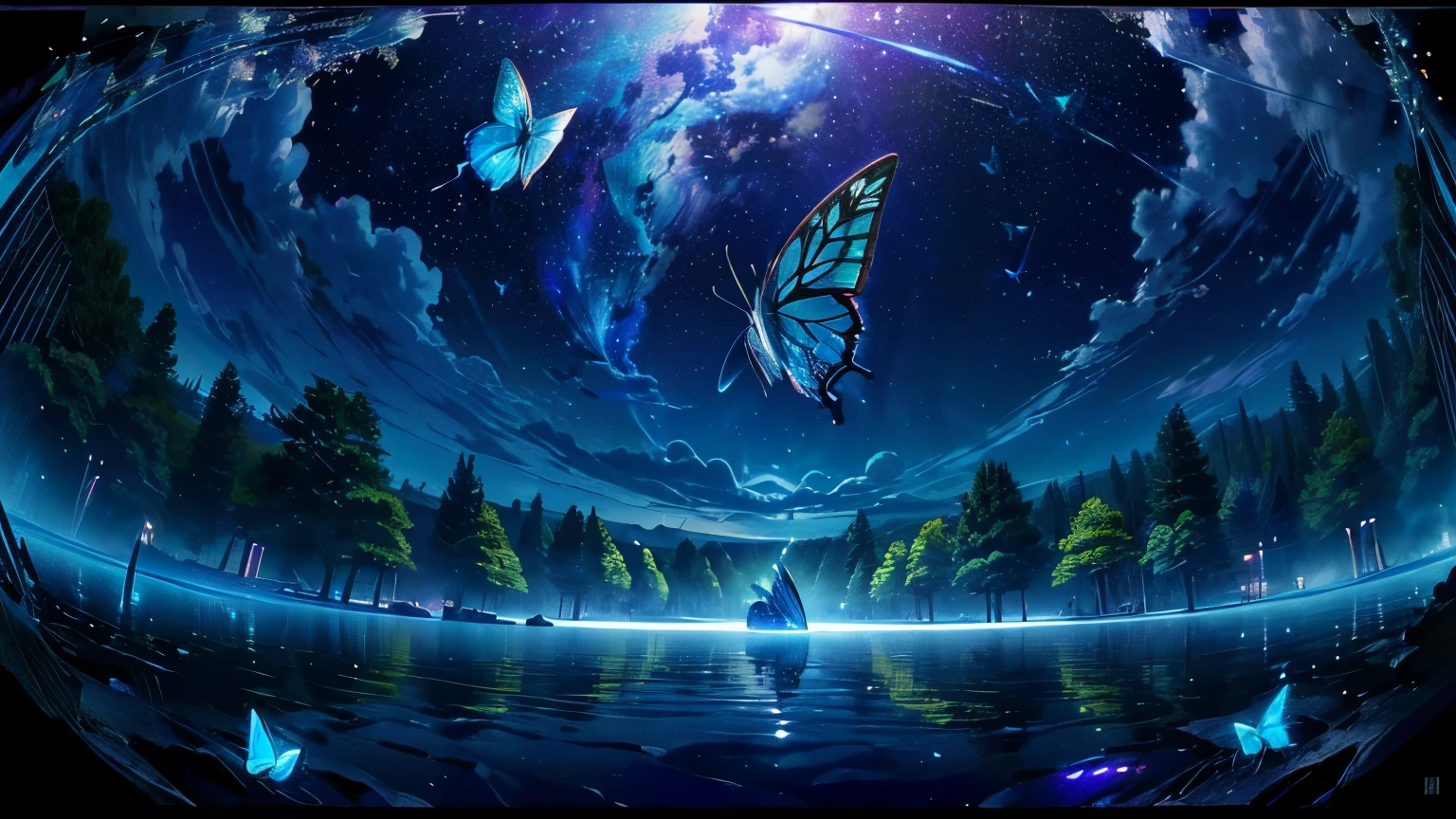 超 HD, HD, high quality , Spectacular views ,((息をのむような美しい Milky Way銀河))),(((Large Swarm of Cobalt Blue Neon Morpho Butterflies Flying Over Water)). shot with a fisheye lens ,((( mystical atmosphere ))), Beautiful Sunset , Majestic Atmosphere , Milky Way, star, star屑, Milky Way, 流star, ((( Mump Residents))), Beautiful Sunset , Bioluminescent Flowers and Trees々 shining at the bottom of the valley 々 magazine in photos ,