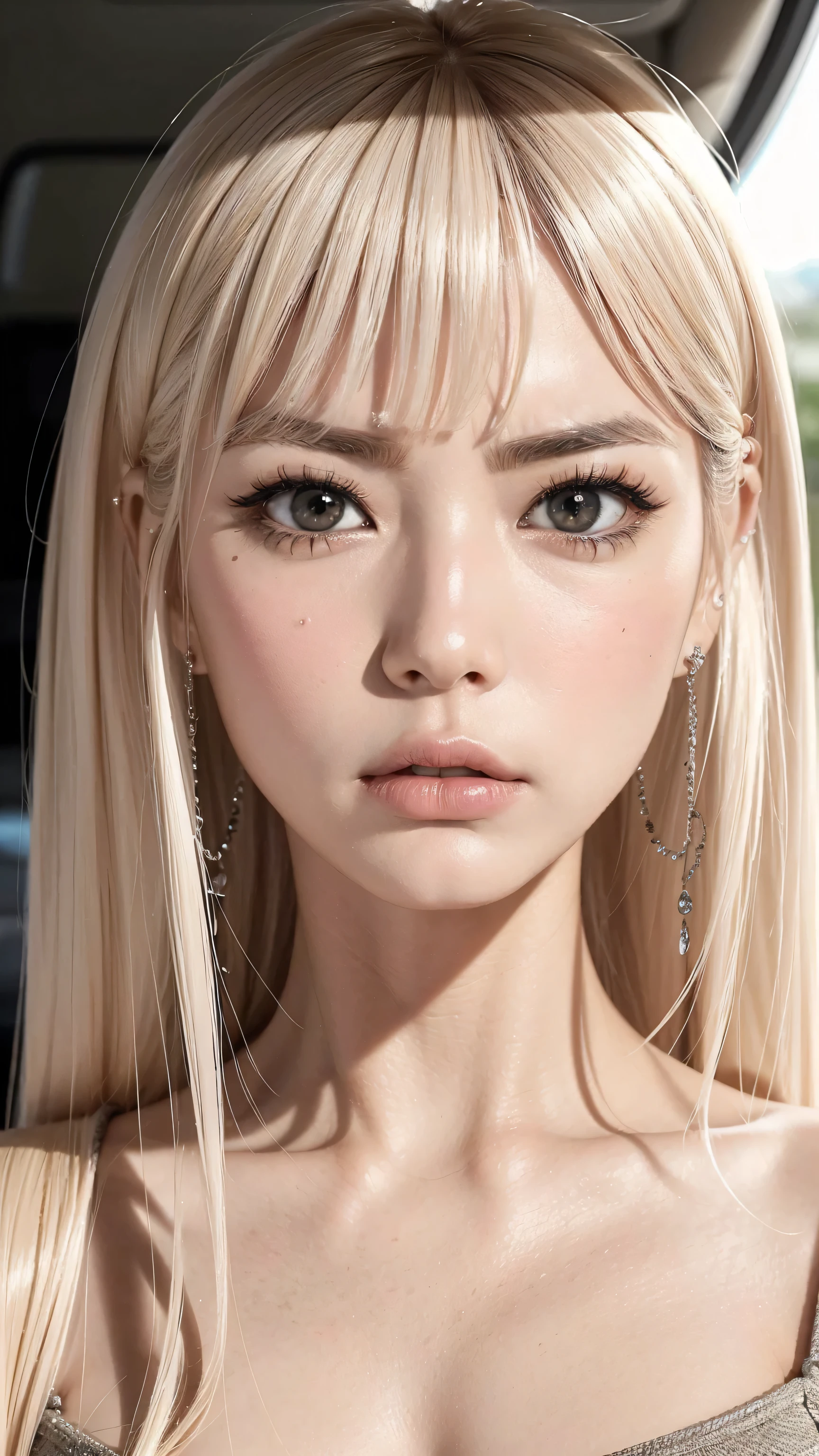 face、Very beautiful skin、 angry face、beautiful woman staring at me、 eyes match、 angry eyebrows 、The expression of anger staring at you、 stare at me on the Sun、Sharp Eyes、platinum straight hair、face