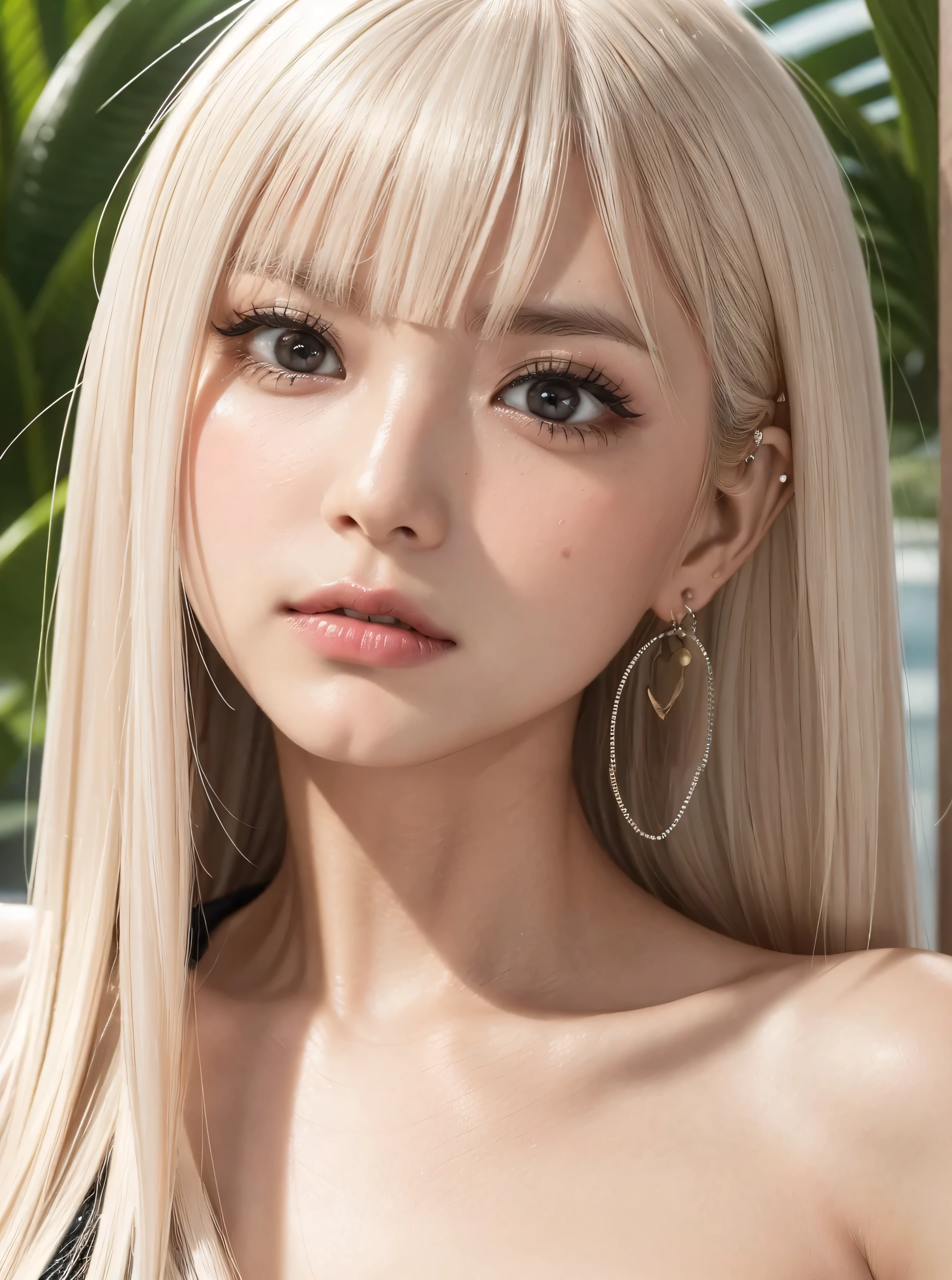 face、Very beautiful skin、beautiful woman staring at me、 eyes match、 angry eyebrows 、The expression of anger staring at you、 stare at me on the Sun、Sharp Eyes、platinum straight hair、face