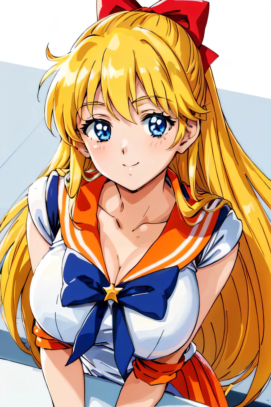 Masterpiece, top quality, Ultra Detailed, 8K, 1990's Anime, perfectly (Aino Minako), (Sailor Venus), 1girl, Orange Sailor, fake pout:1.1, smile:1.2, blonde long hair with red ribbon, breast press, from above, breast press to viewer, gazing at viewer, love struck, on viewer:1.2